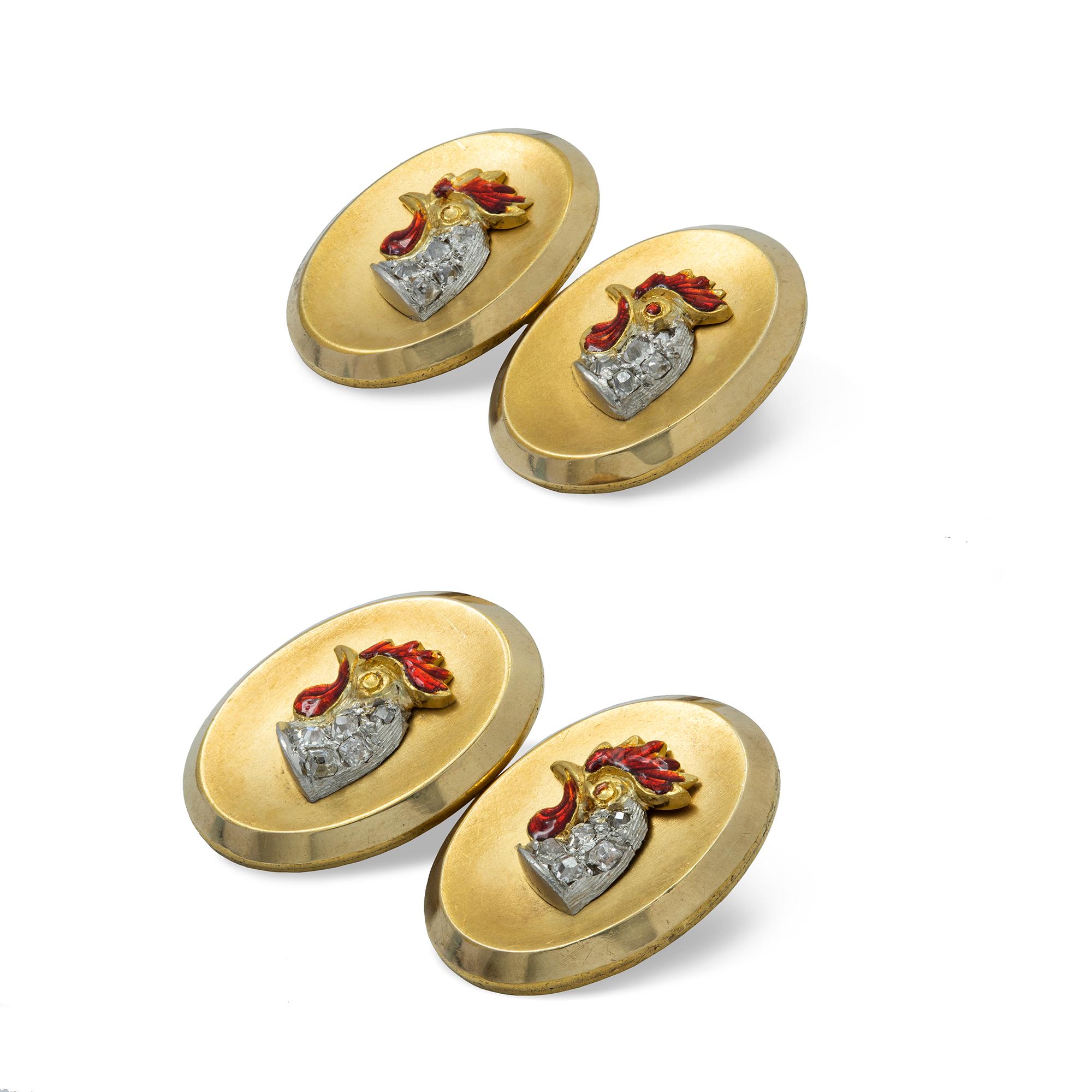 A pair of late Victorian rooster cufflinks, the oval links bearing the red enamelled and diamond-set head of a rooster, with bar-link connections, circa 1900, measuring approximately 18 x 14mm each, gross weight 23.1 grams.
Should you choose to make