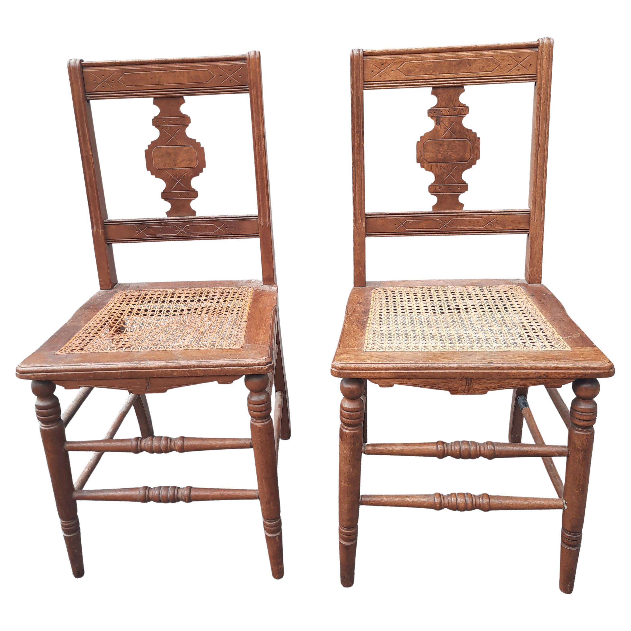 Pair of Late Victorian Walnut Inlays and Cane Seat Dining Chairs