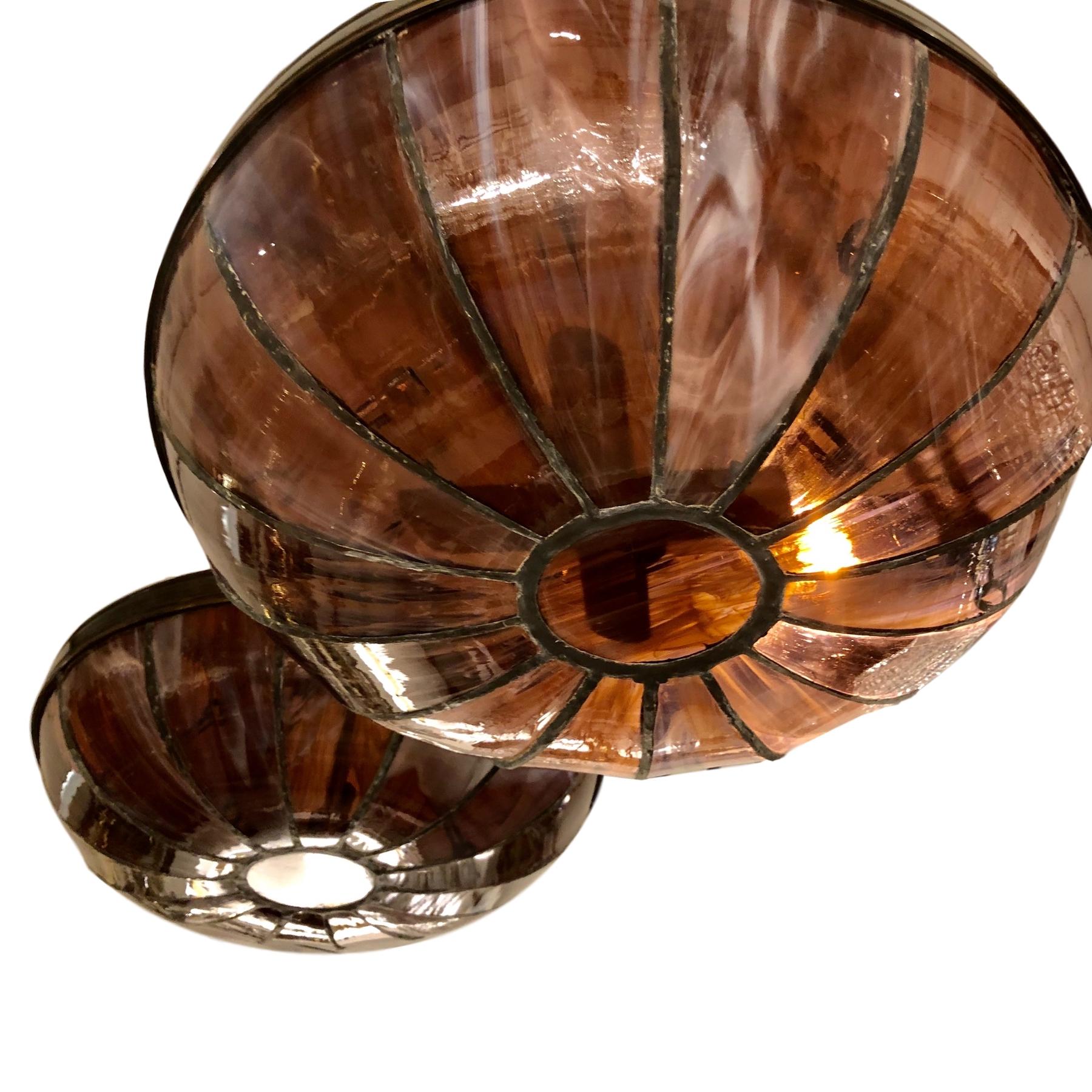 Mid-20th Century Pair of Leaded Glass Pendant Fixtures, Sold Individually For Sale