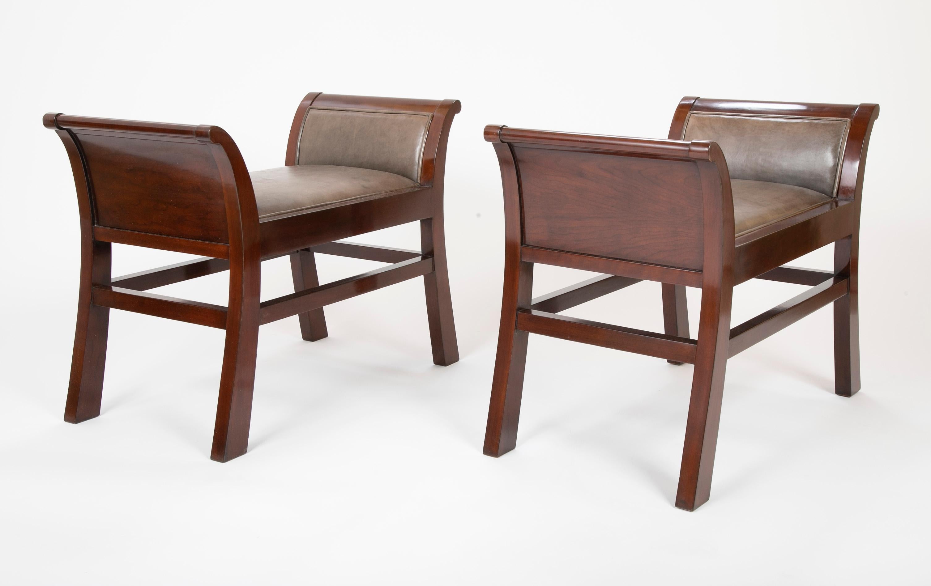 Leather and mahogany benches designed Jacques Grange for John Widdicomb.