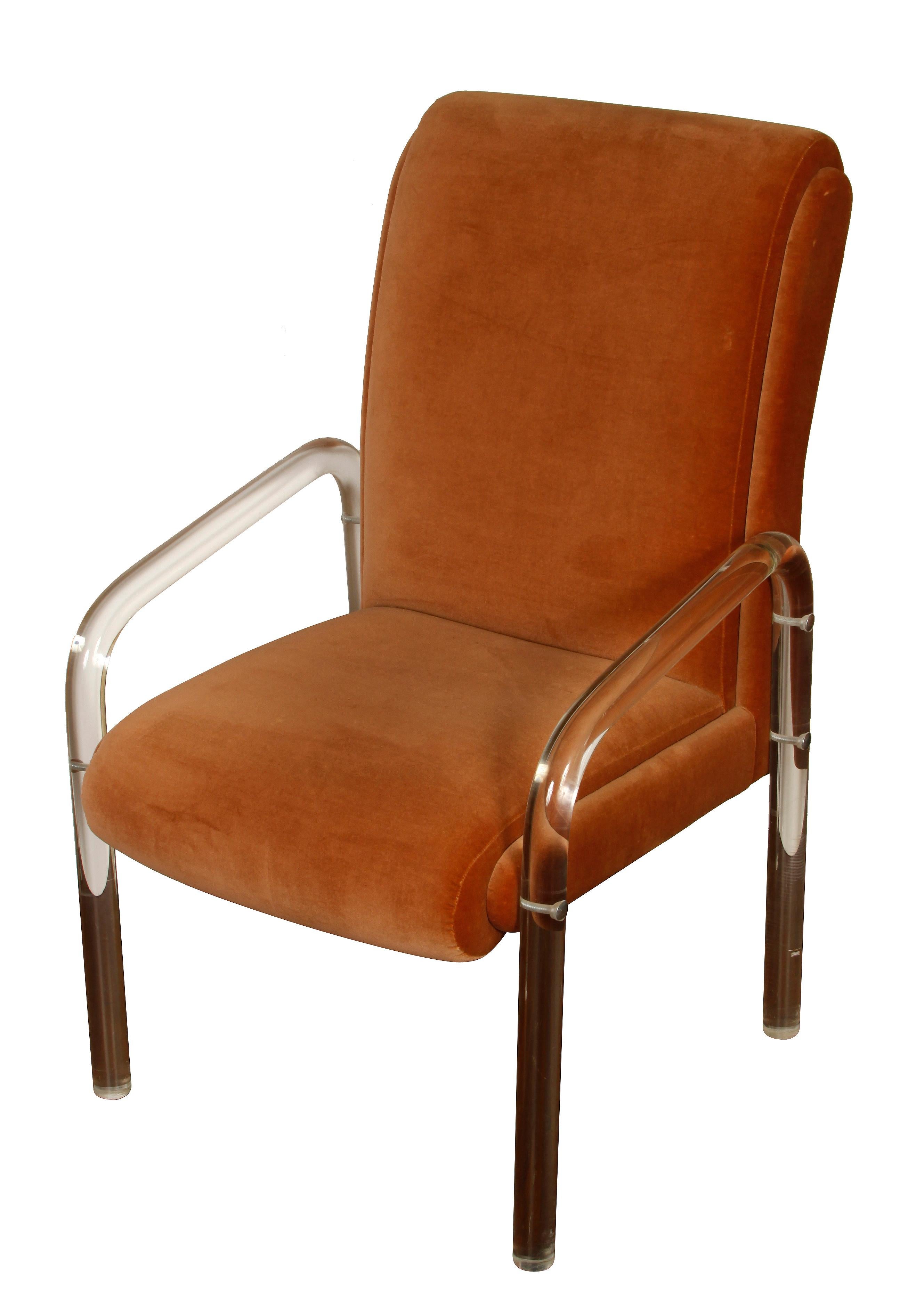 A pair of Leon Frost signed Lucite armchairs with upholstered velvet seat and back, curved modern design.
