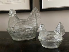 Pair of Lidded Cans/Bonbonniere Made of Pressed Glass, Hens in a Basket