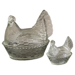 Pair of Lidded Cans/Bonbonniere Made of Pressed Glass, Hens in a Basket
