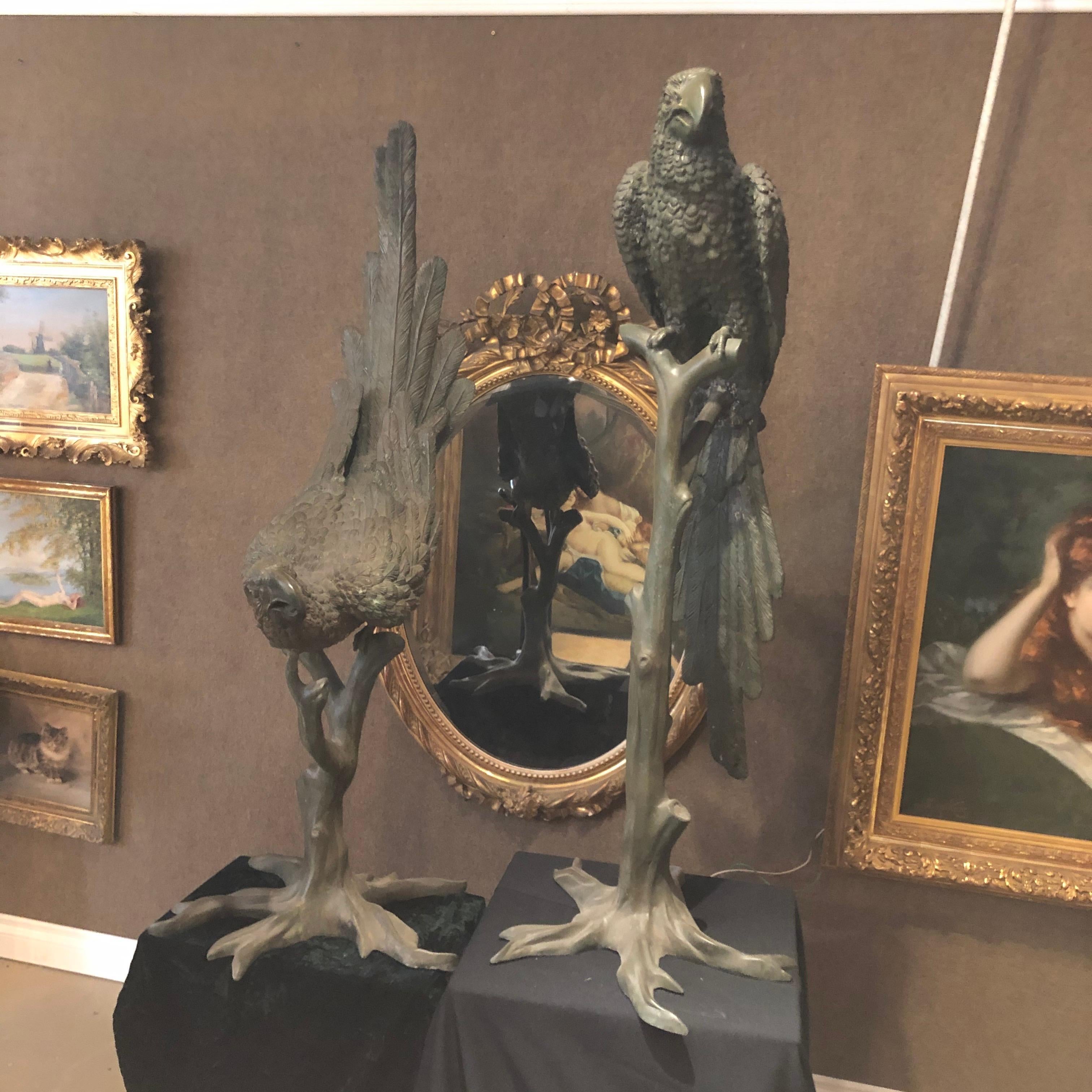 Life size pair of French patinated bronze male & female parrots on branches, circa 1950, standing 51” tall these fabulous cast parrots are as charming as they come. Having a soft tree green color with exquisite detail and quality craftsmanship.