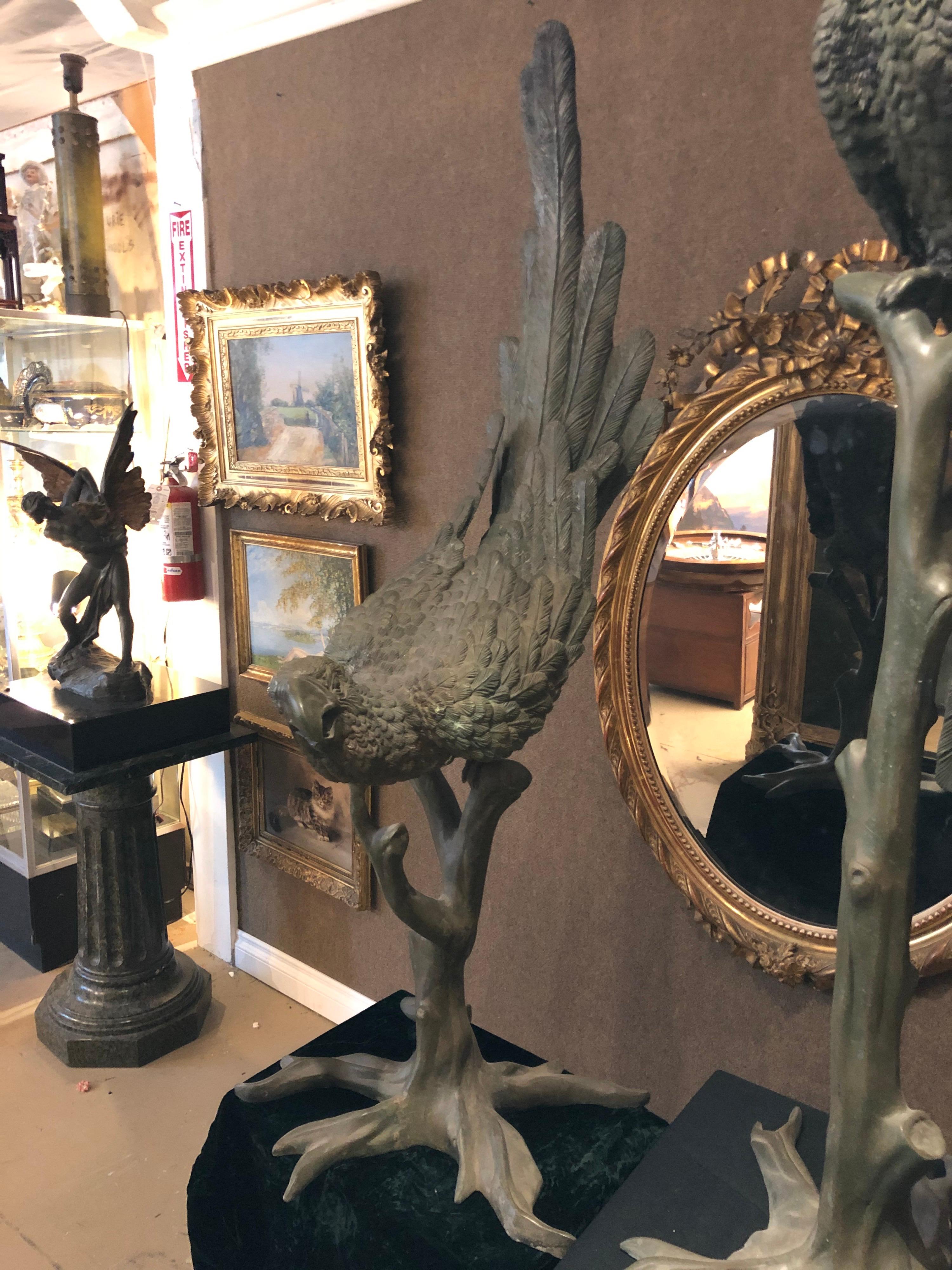 French Provincial Pair of Life Size French Patinated Bronze Male & Female Parrots on Branches For Sale