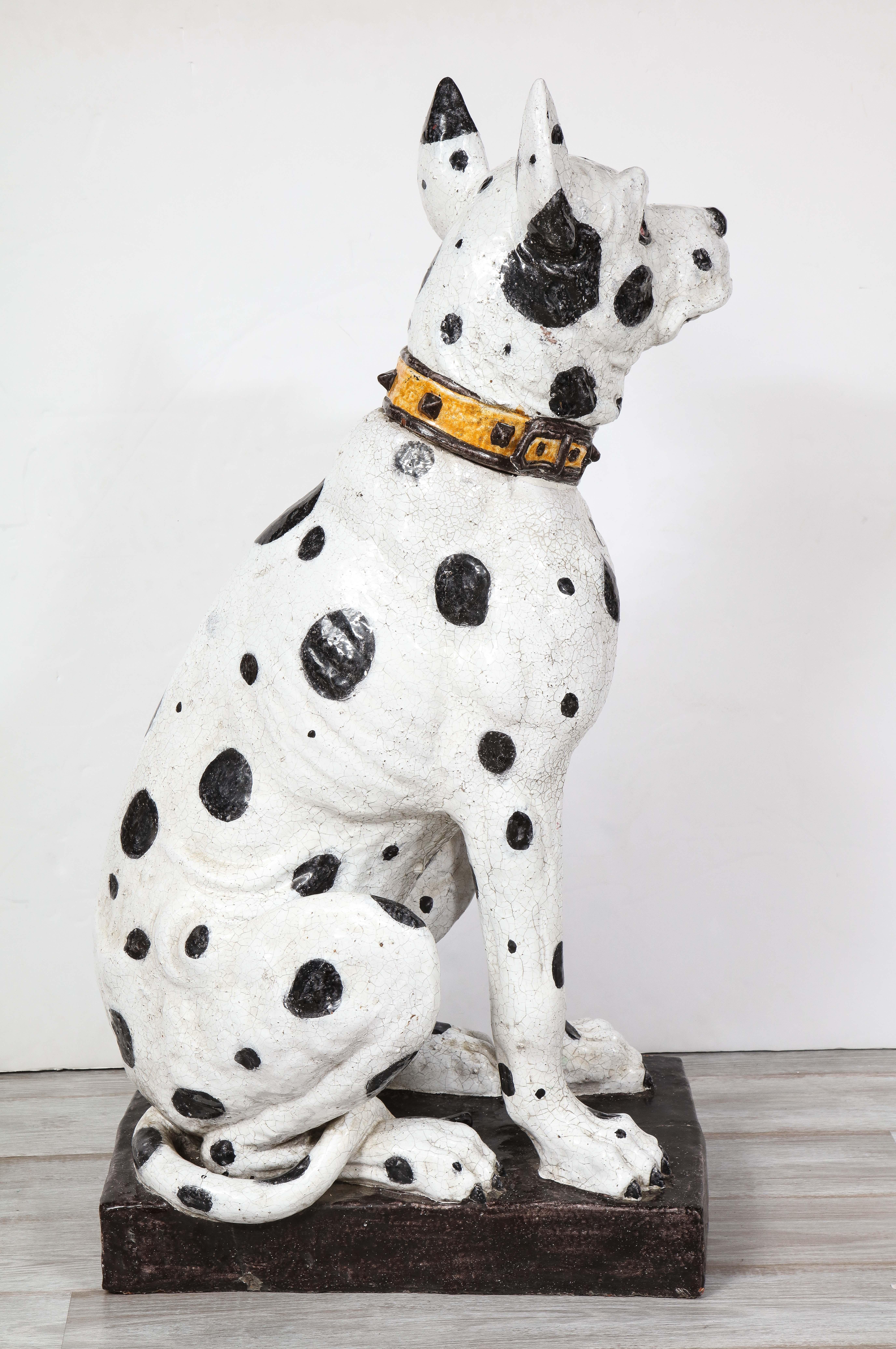 Hand-Painted Pair of Life-Size Italian Black and White Great Dane Dog Ceramic Sculptures For Sale