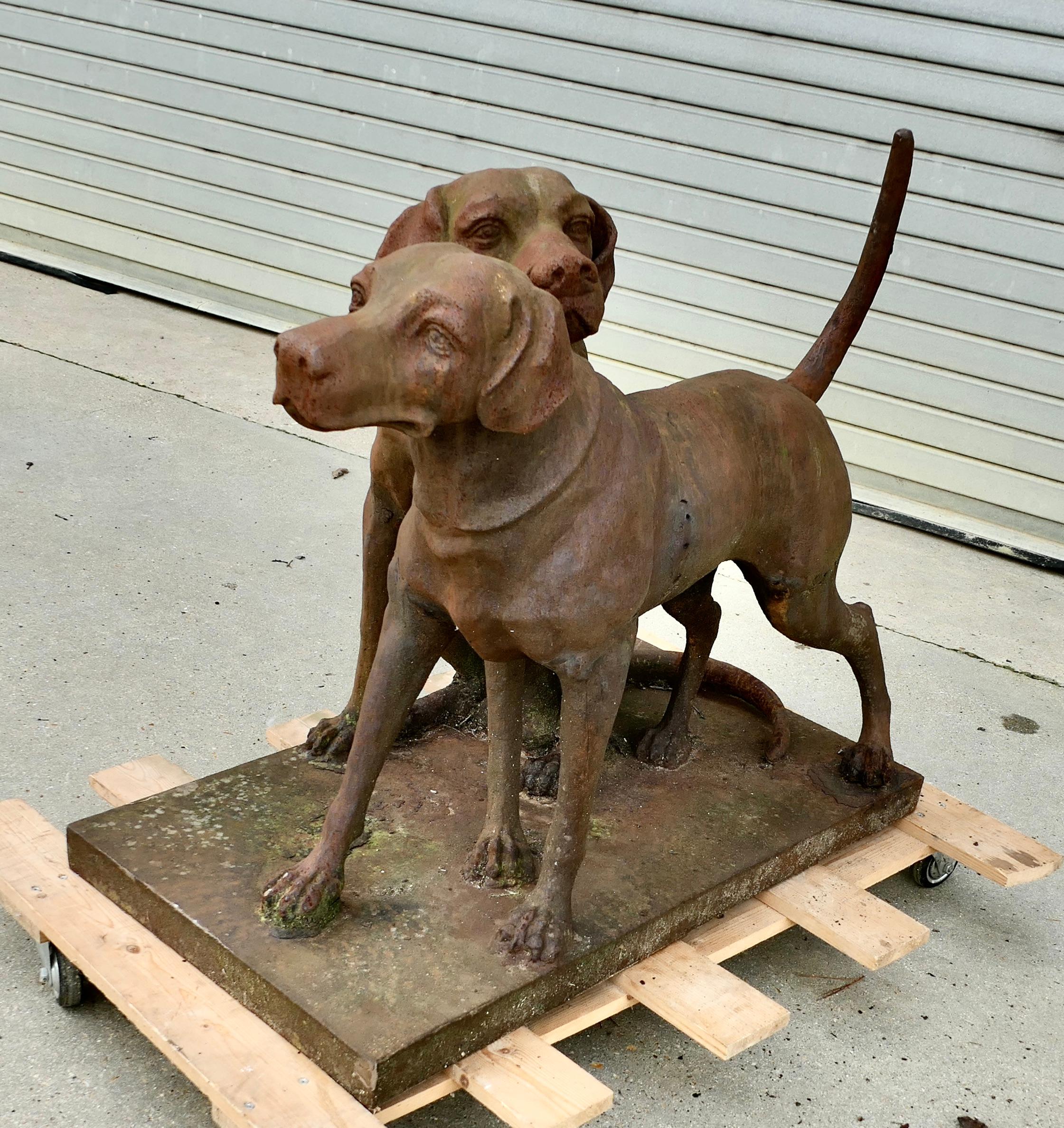 Folk Art A Pair of Life-size Labradors/ Weathered Cast Iron Statue on a Plinth For Sale