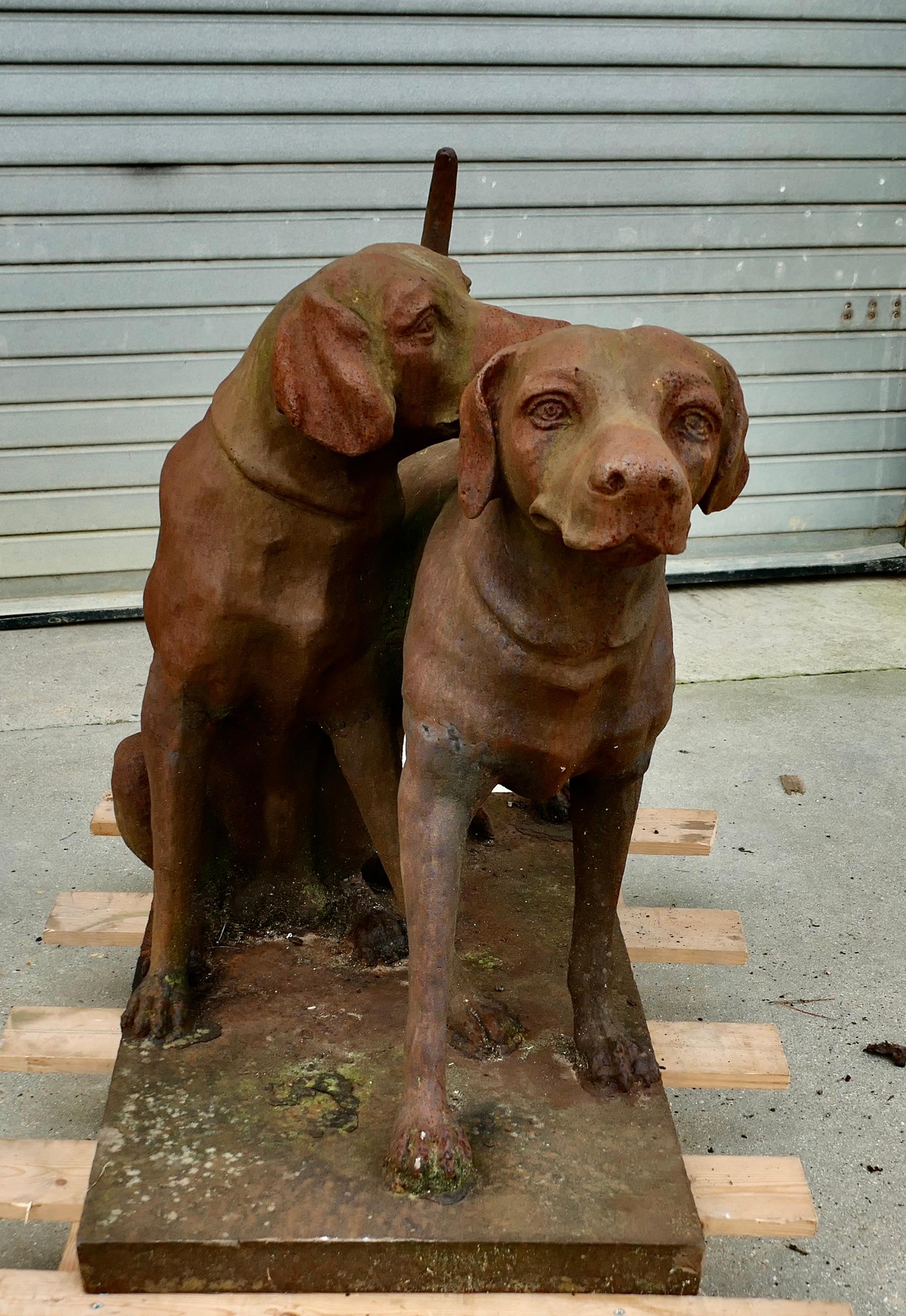 Mid-20th Century A Pair of Life-size Labradors/ Weathered Cast Iron Statue on a Plinth For Sale