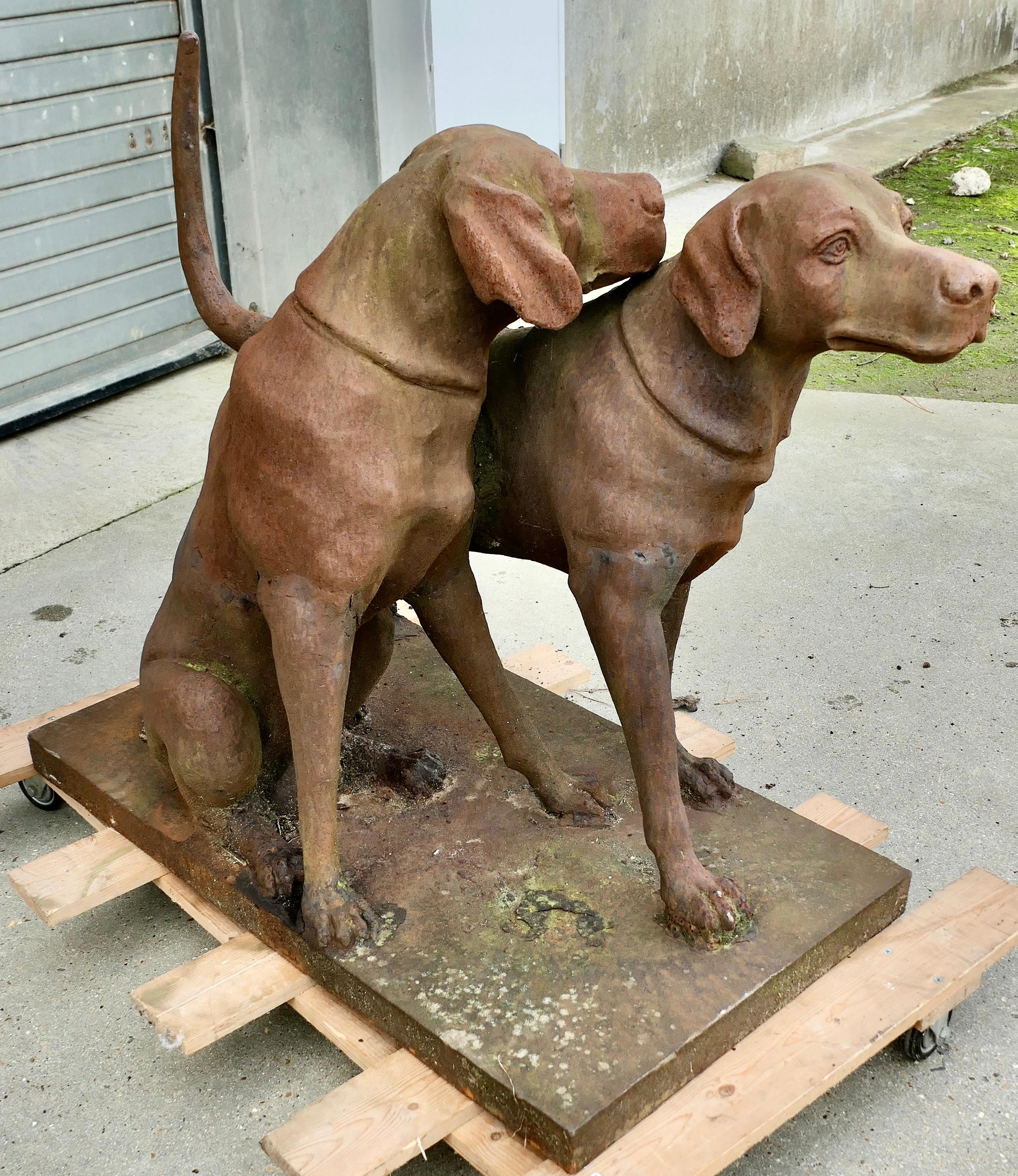 A Pair of Life-size Labradors/ Weathered Cast Iron Statue on a Plinth For Sale 1