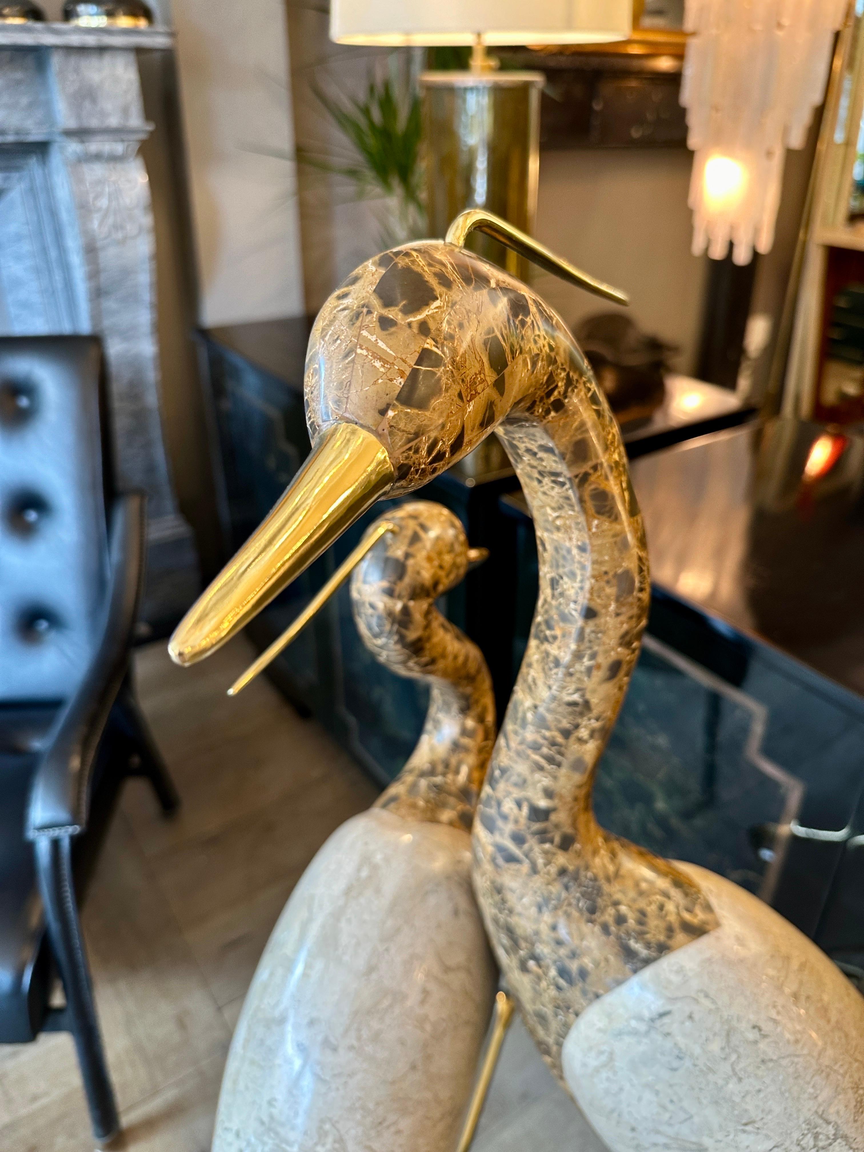 Hollywood Regency A Pair Of Life Size Marble And Brass Bird 'Cranes' Sculpture