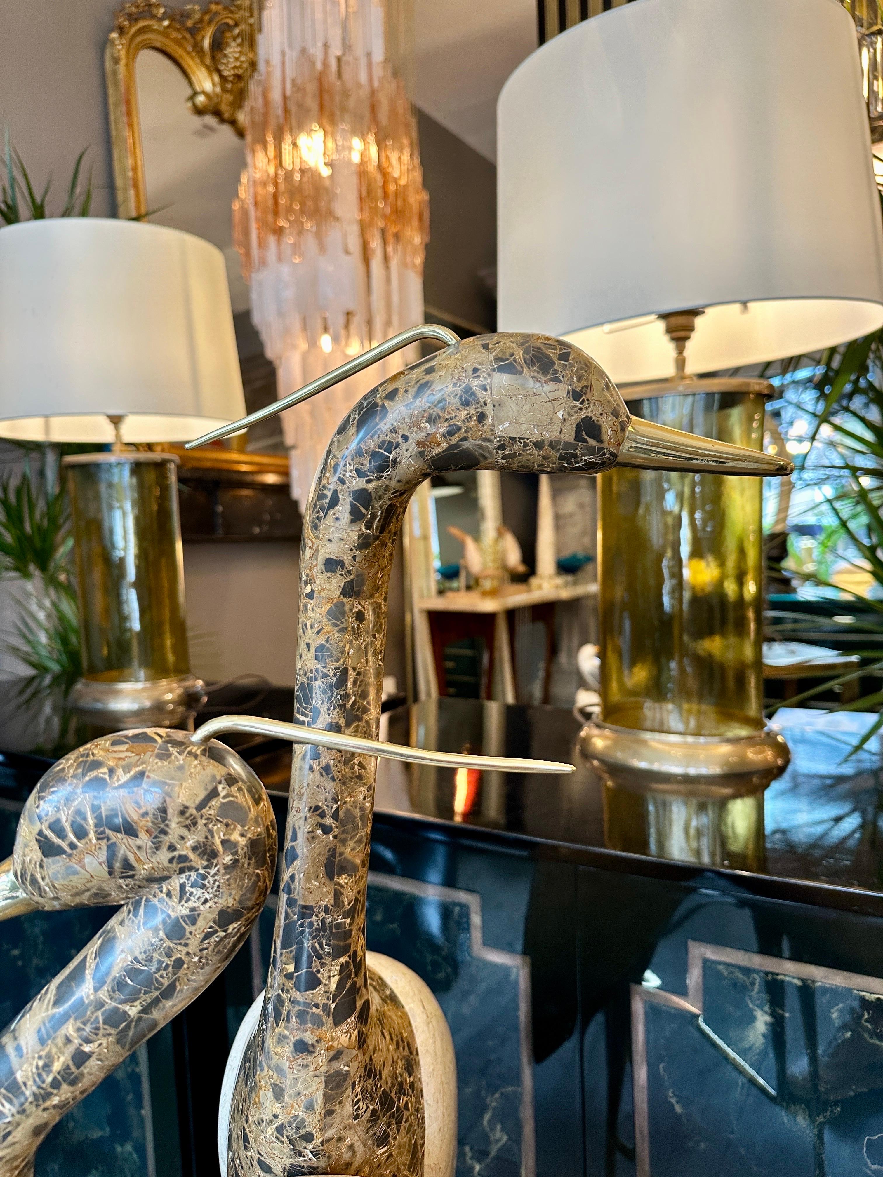 North American A Pair Of Life Size Marble And Brass Bird 'Cranes' Sculpture