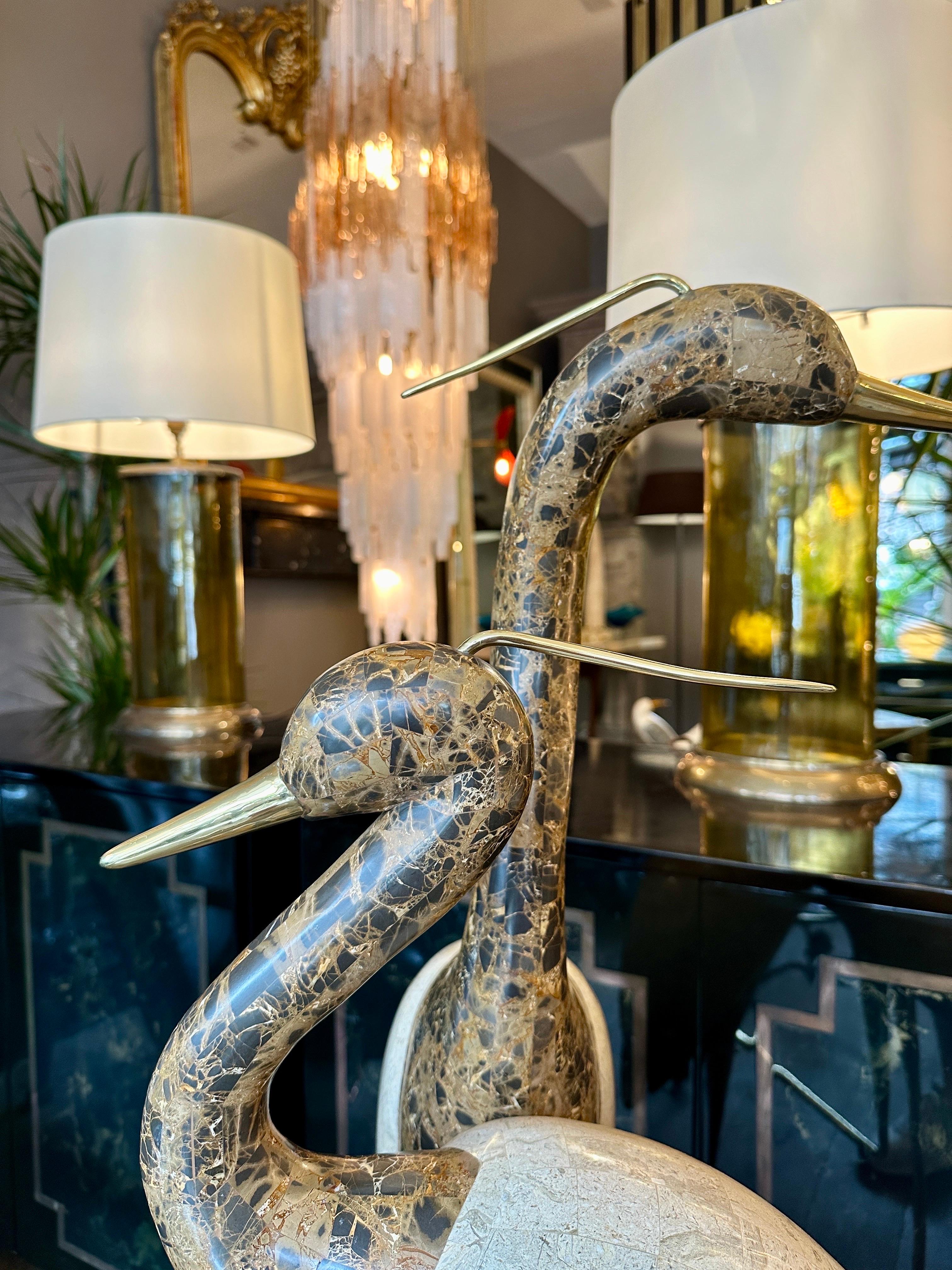 A Pair Of Life Size Marble And Brass Bird 'Cranes' Sculpture In Good Condition In London, GB