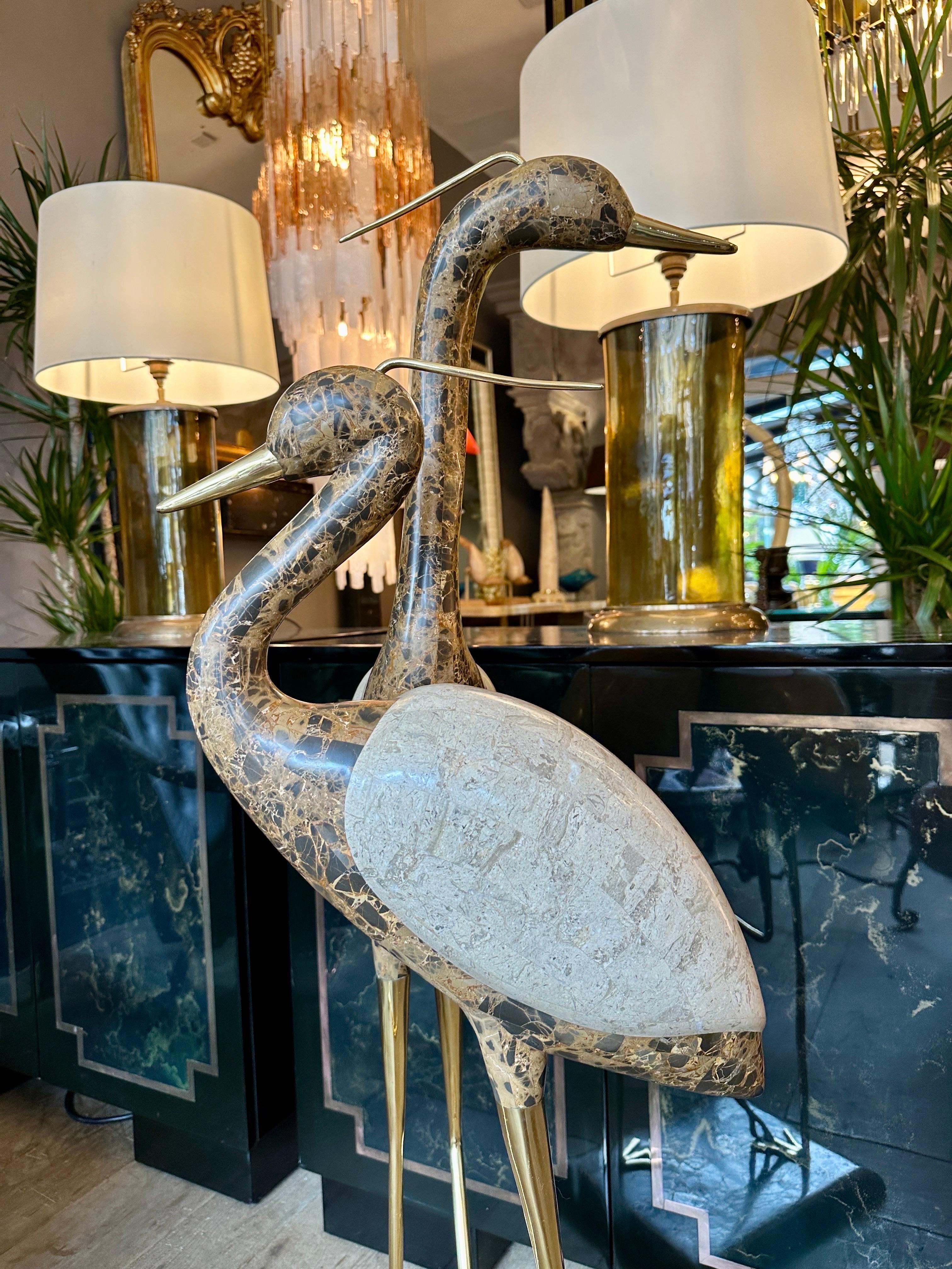 Late 20th Century A Pair Of Life Size Marble And Brass Bird 'Cranes' Sculpture