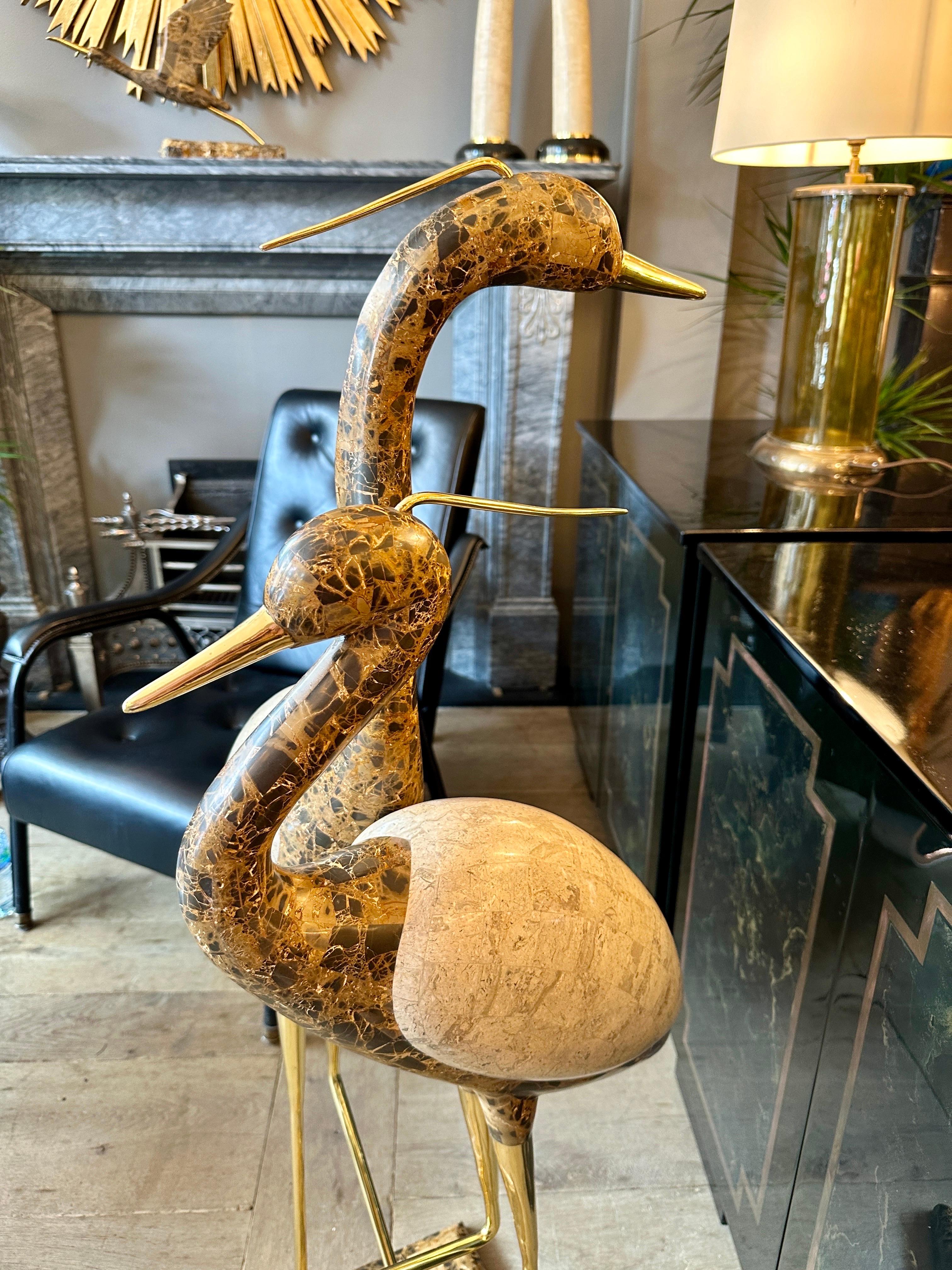 A Pair Of Life Size Marble And Brass Bird 'Cranes' Sculpture 1