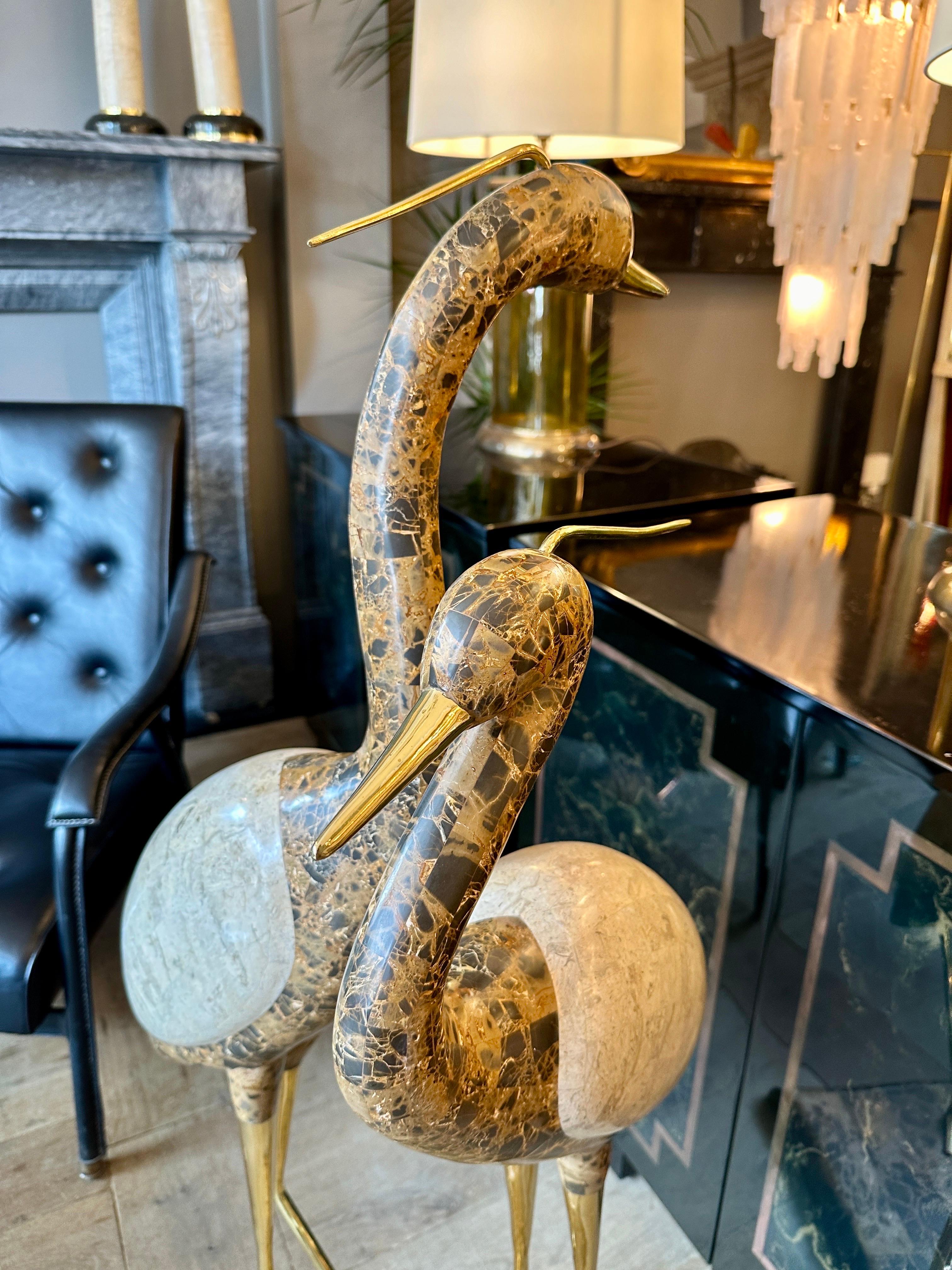 A Pair Of Life Size Marble And Brass Bird 'Cranes' Sculpture 2