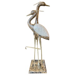 A Pair Of Life Size Marble And Brass Bird 'Cranes' Sculpture