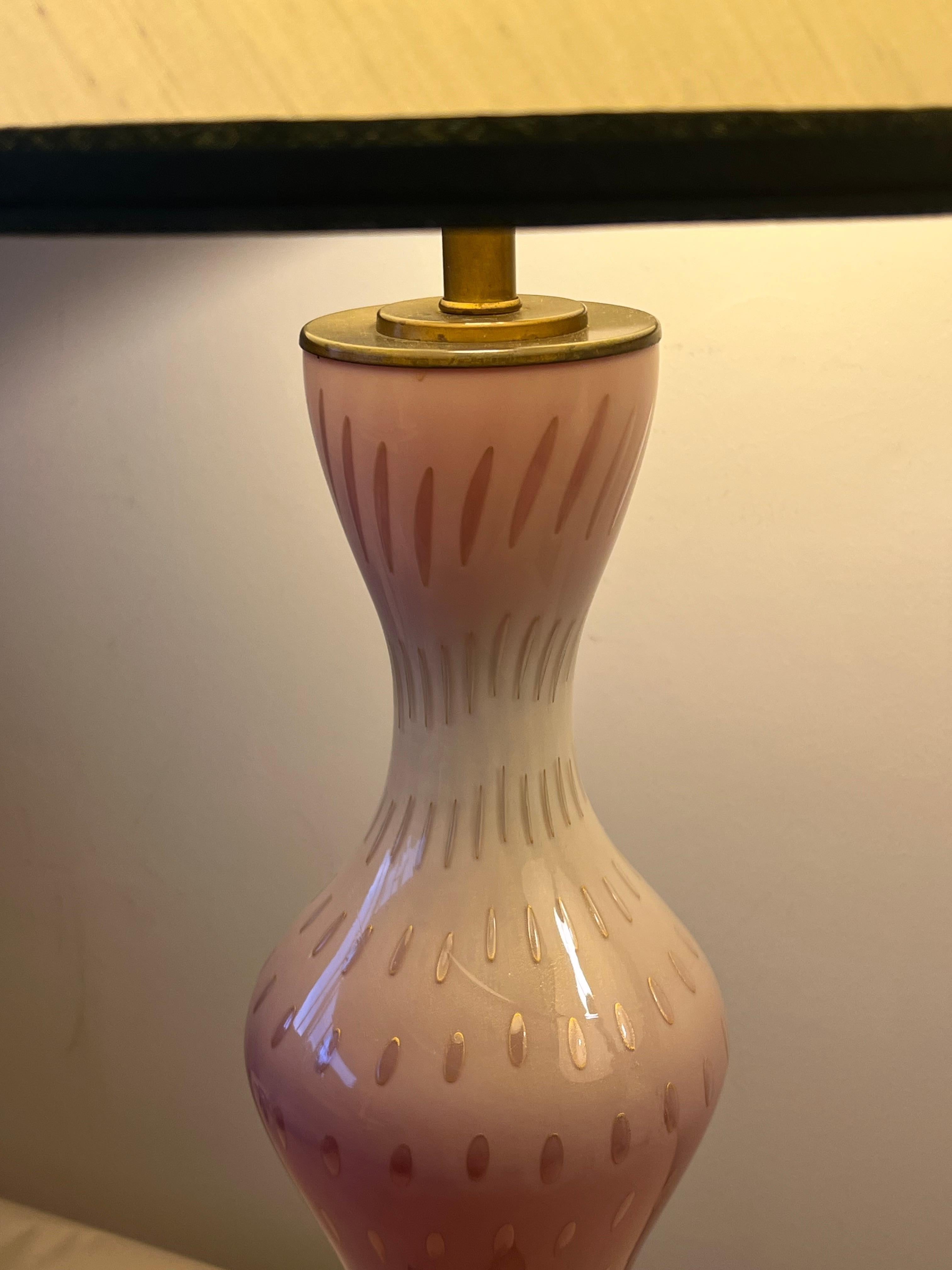 Brass A Pair Of Light Pink Murano Hourglass Lamps Ca' 1950's For Sale