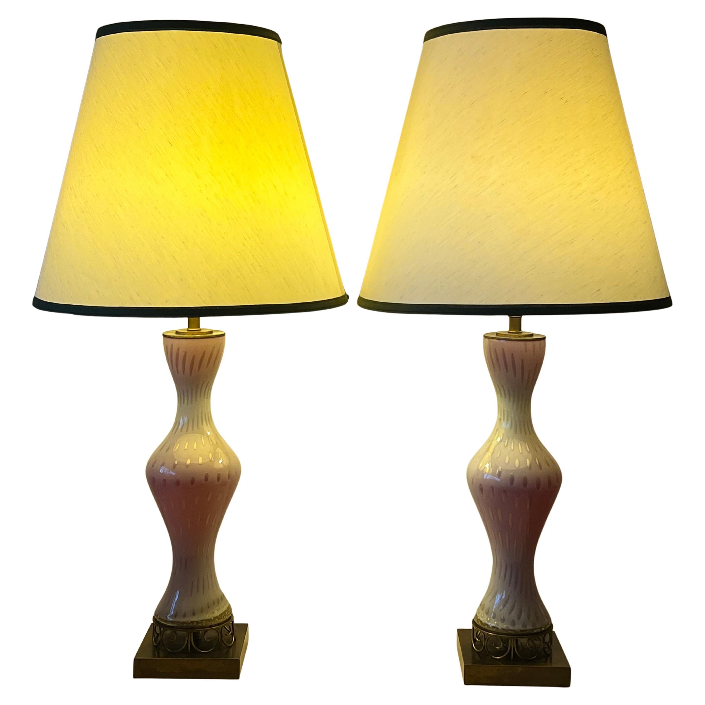 A Pair Of Light Pink Murano Hourglass Lamps Ca' 1950's