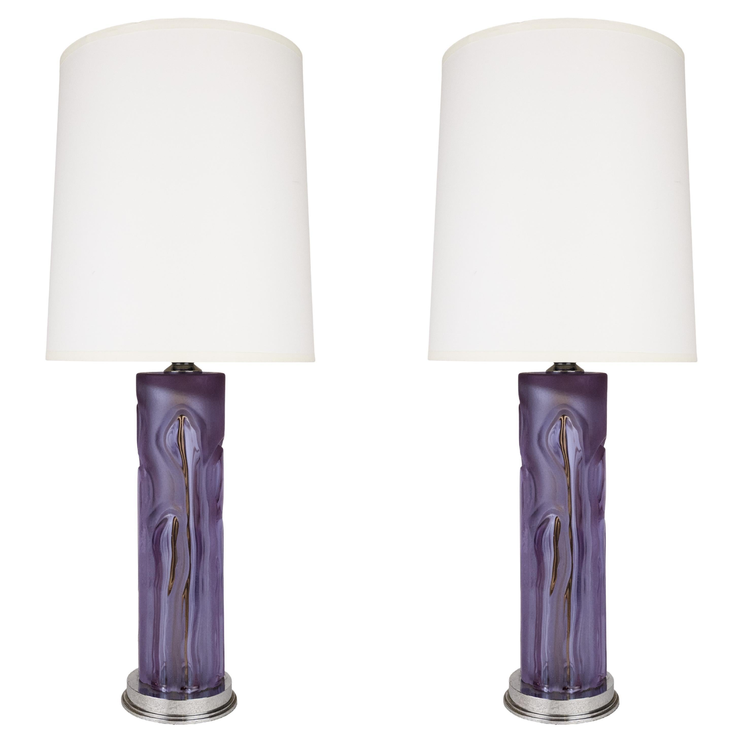 A Pair of Lilac Glass Table Lamps