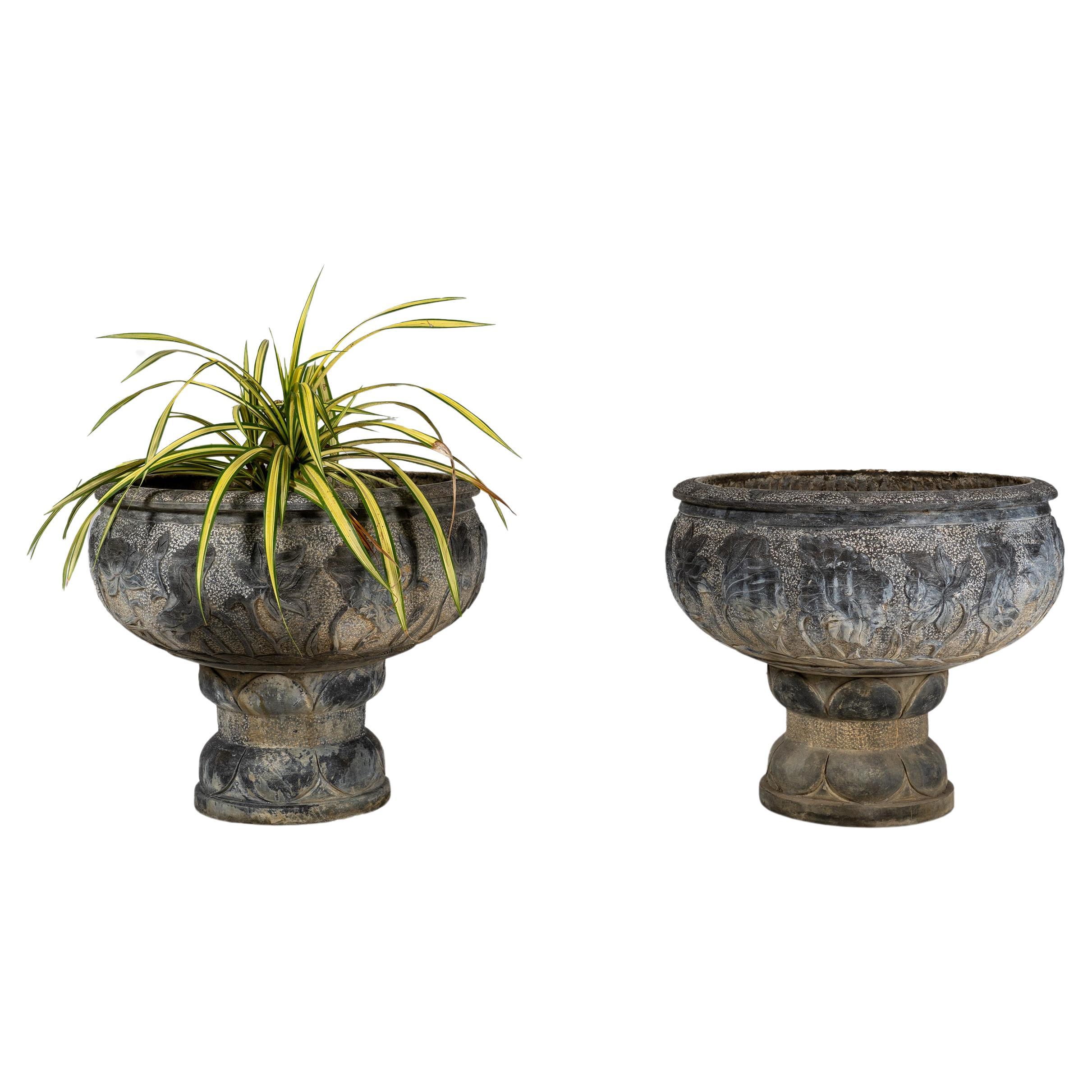 A Pair of Limestone Planters with Lotus Motif