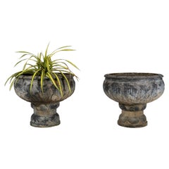 A Pair of Limestone Planters with Lotus Motif