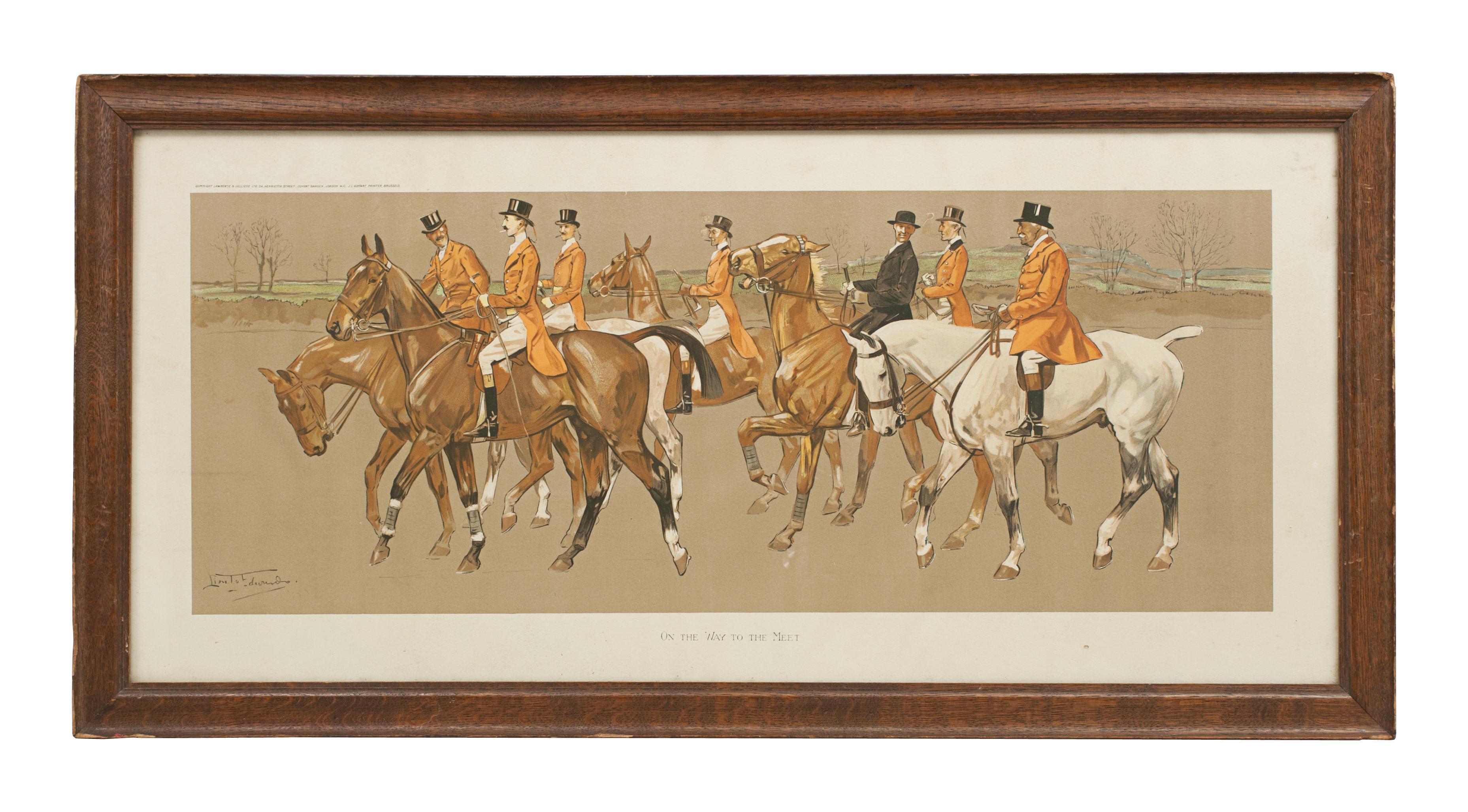 Lionel Edwards Equestrian Chromolithographs.
A pair of Lionel Edwards equestrian prints titled 'On The Way To The Meet' and 'The Lucky Man'. The two original Lionel Edwards prints are framed in period oak frames and were originally from a set of