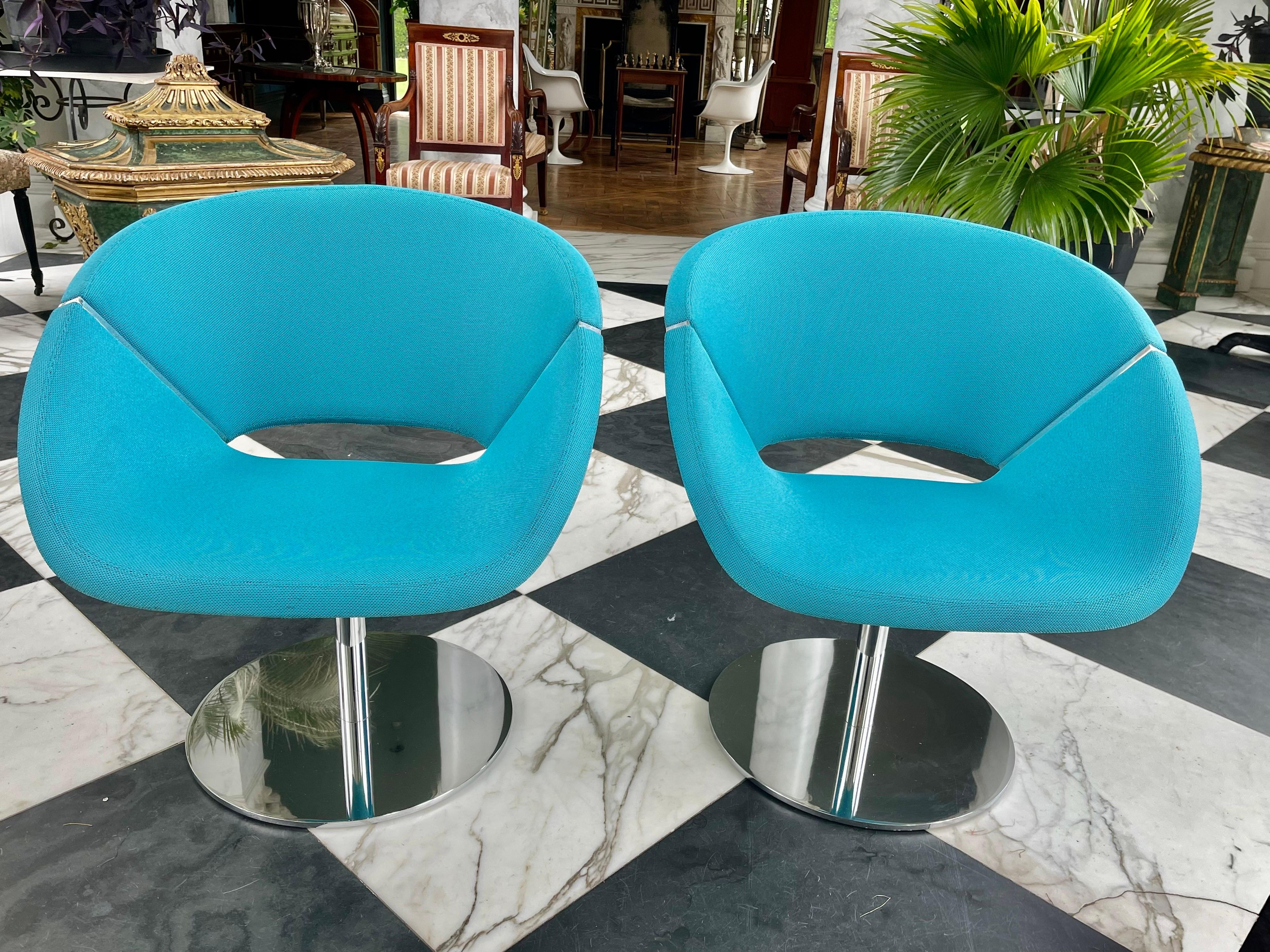 Pair of Davis Furniture Swivel pedestal lounge chairs, the “Lips Too”Model.
This is a gently used pair with the original bright turquoise upholstery. 
We had it recently professionally cleaned.

  