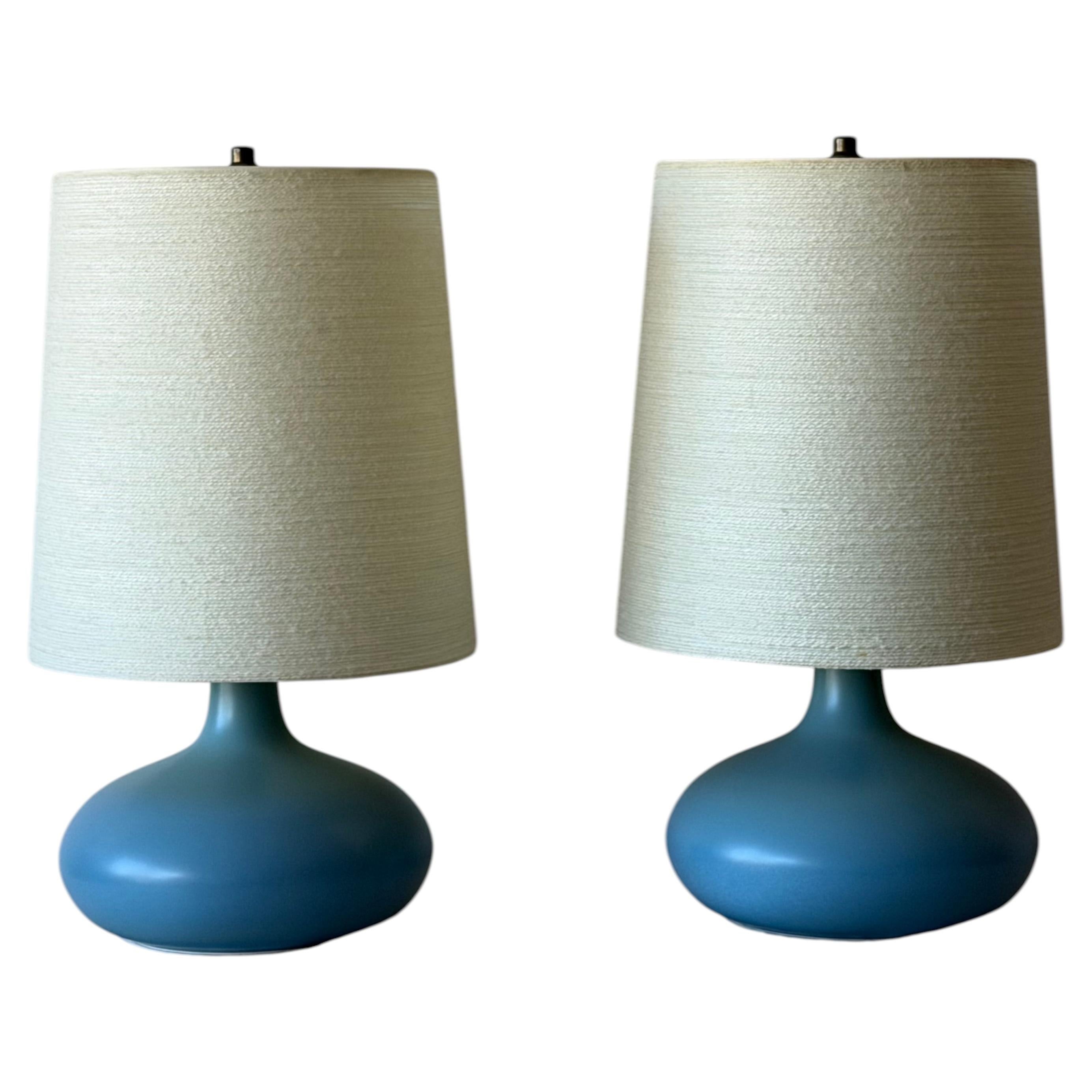 A Pair Of Lotte and Gunnar Bostlund Table Lamps in Blue Ceramic Bulbous ca' 1960