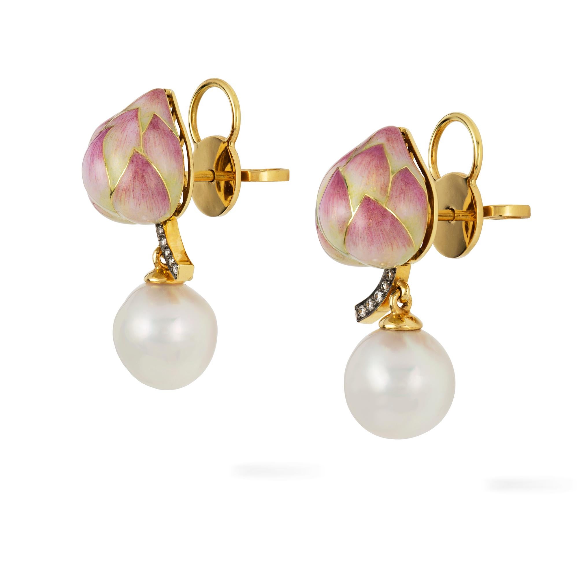 A pair of lotus earrings by Ilgiz F, each earring with a champlevé enamelled lotus bud, with diamond encrusted pedicel, suspending a saltwater cultured pearl, all in yellow gold mount with post and scroll fitting, hallmarked 18ct gold, London, made