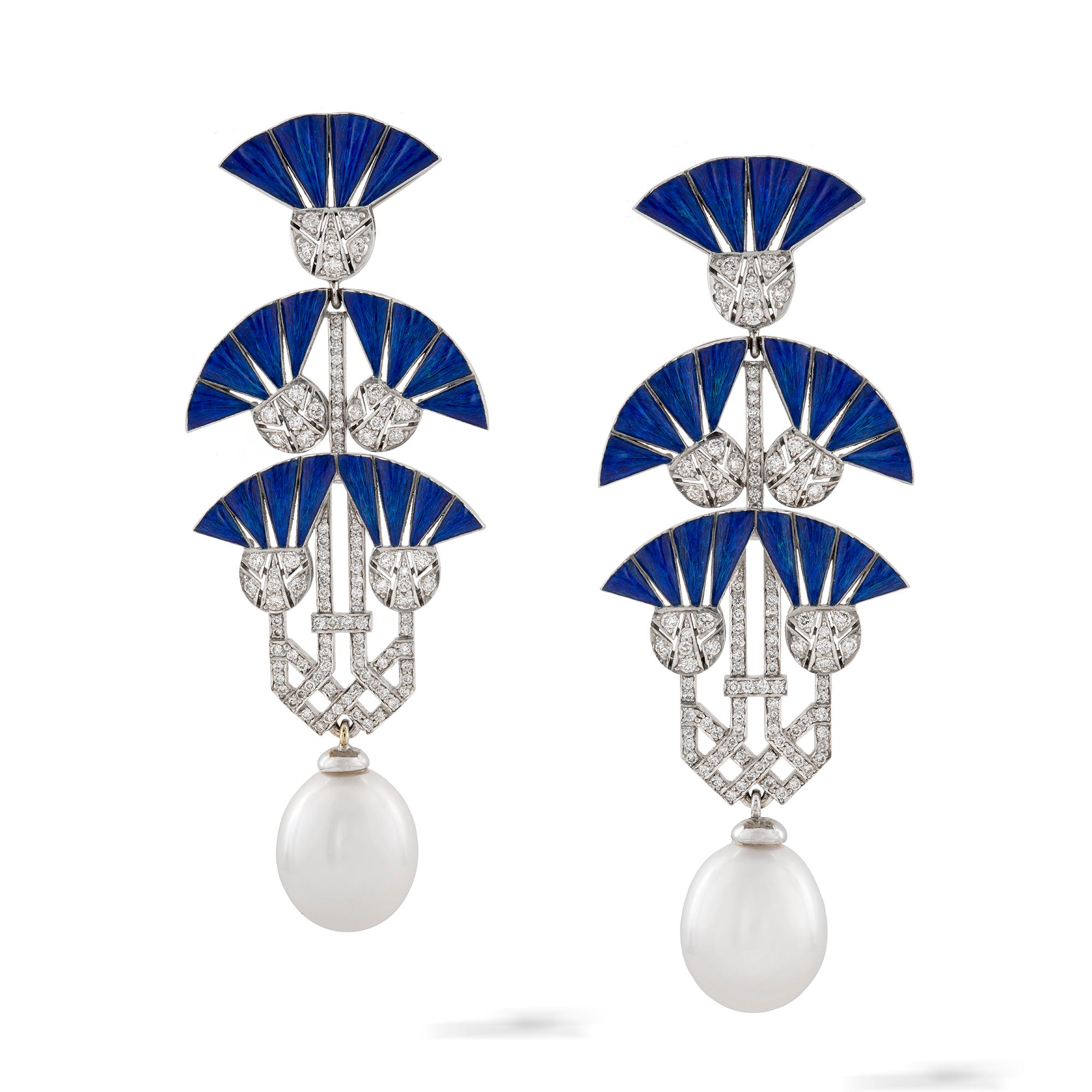 A pair of lotus earrings by Ilgiz F, each earring with five lotus flowers with blue champlevé enamelled petals and diamond set peduncles, suspending a drop shaped cultured pearl, the diamonds weighing 1.77 carats, all mounted in 18ct gold with post