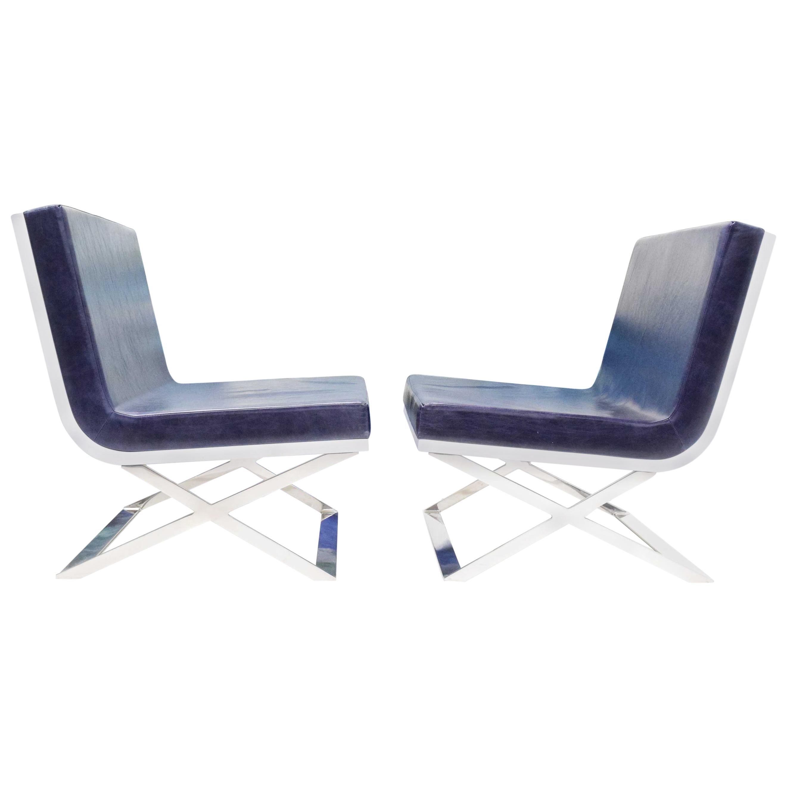 Pair of Louis Kazan "Kalup" Lounge Chairs in Blue Leather and White Resin Back