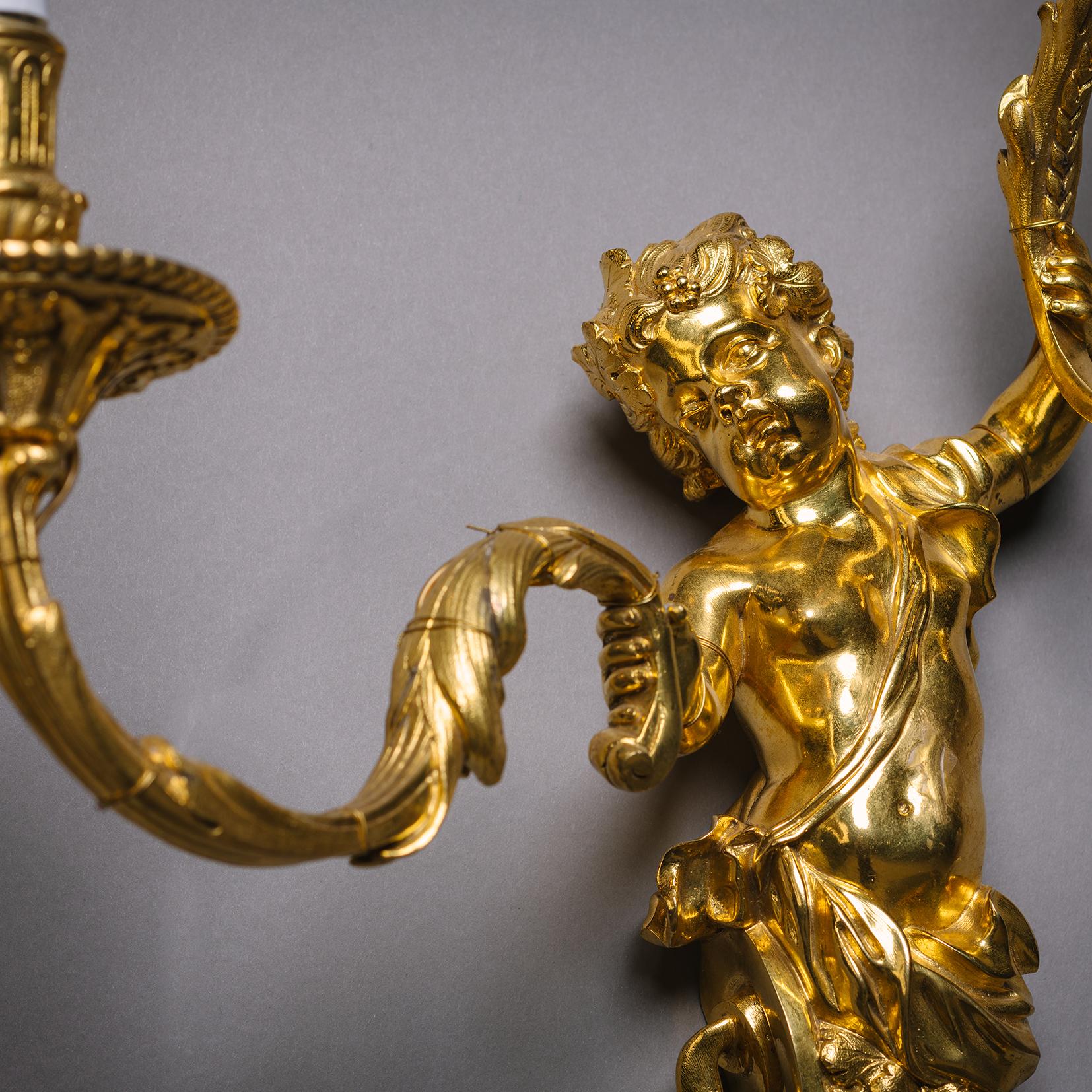 19th Century A Pair of Louis XIV Style Gilt-Bronze Twin-Light Wall-Appliques For Sale