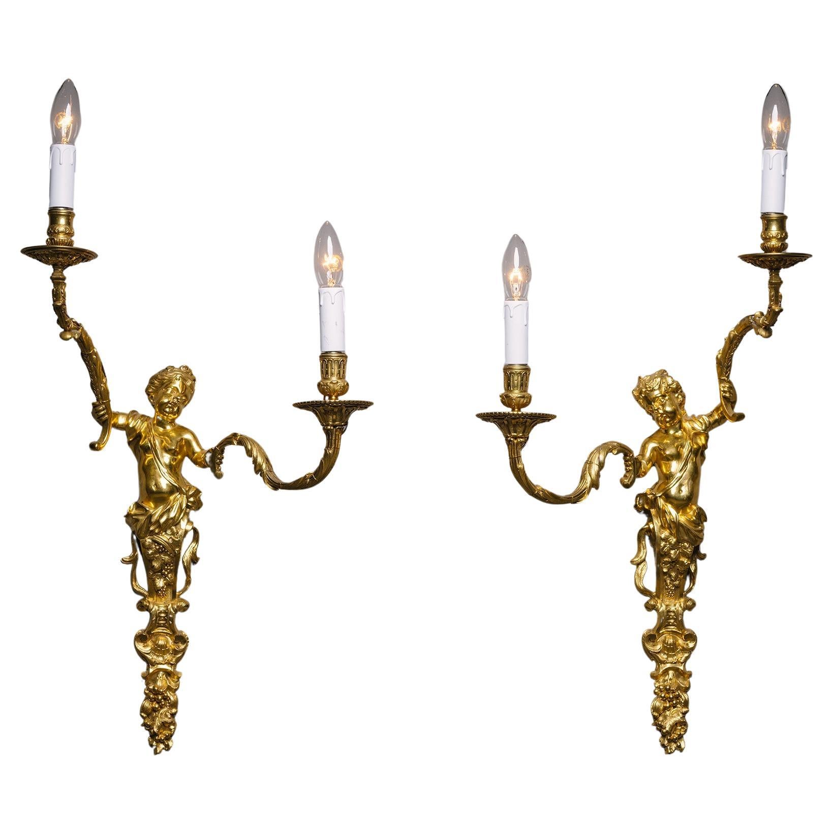 A Pair of Louis XIV Style Gilt-Bronze Twin-Light Wall-Appliques