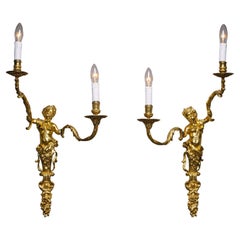 Antique A Pair of Louis XIV Style Gilt-Bronze Twin-Light Wall-Appliques