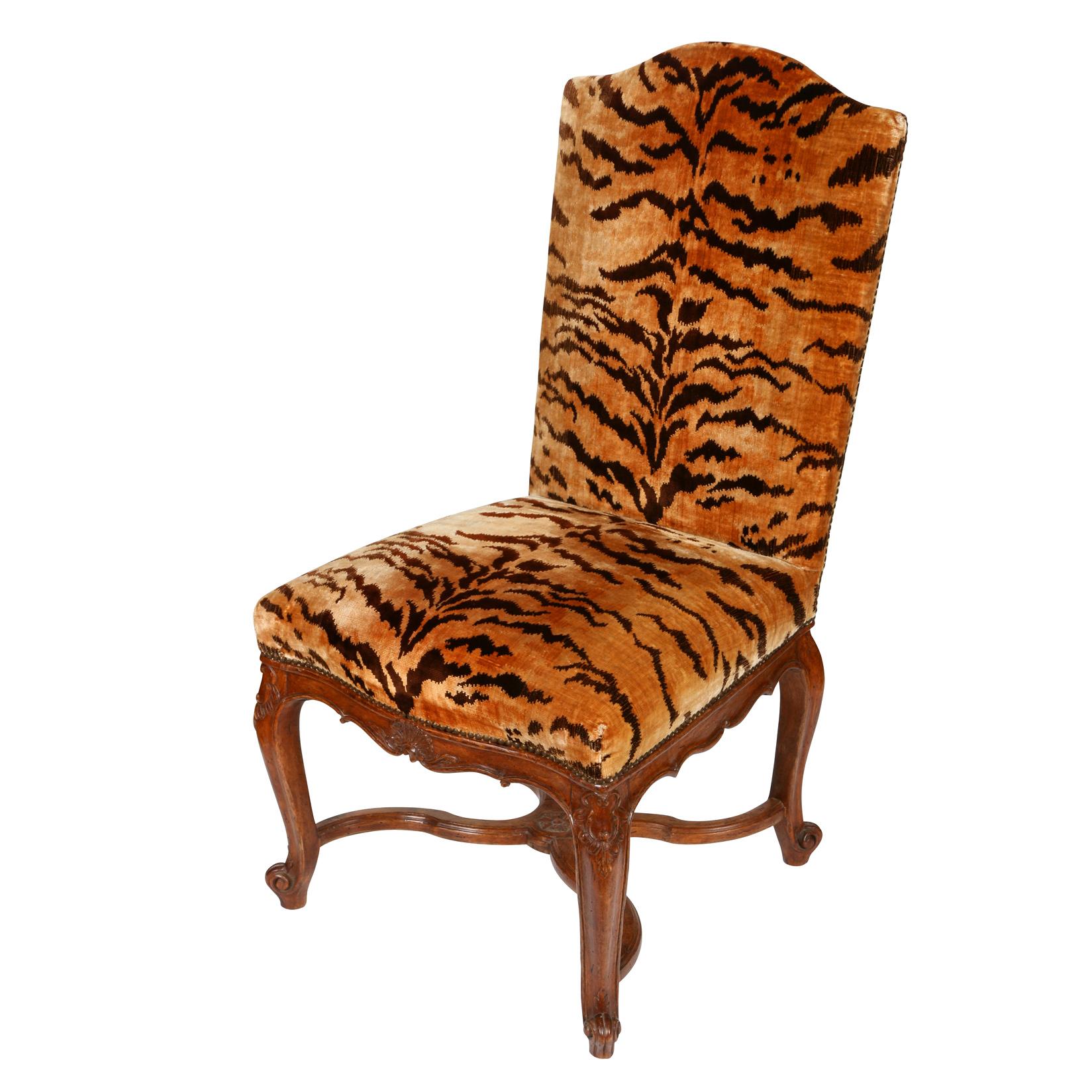 Pair of Louis XV Regence Silk Tiger Side Chairs In Good Condition In Locust Valley, NY