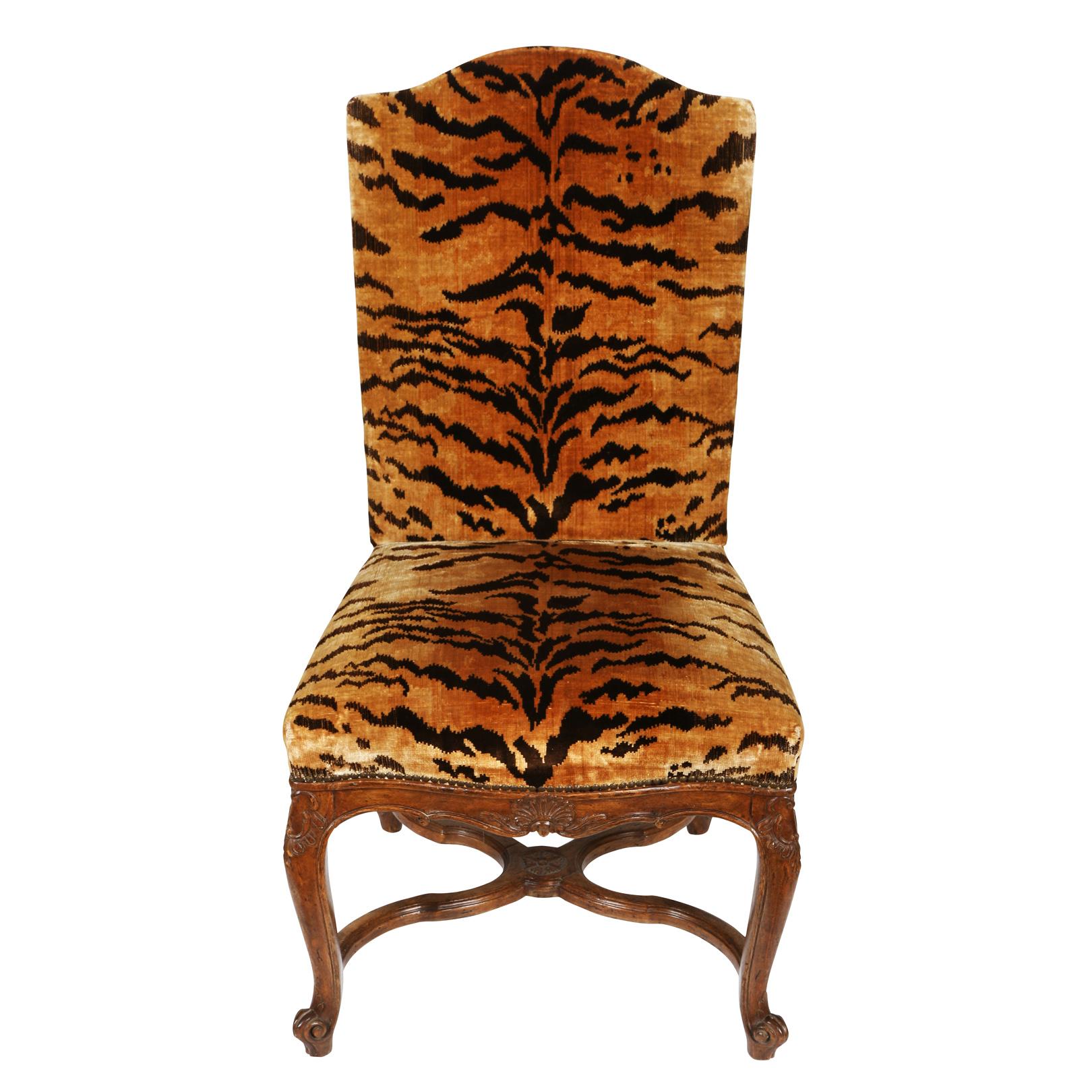 20th Century Pair of Louis XV Regence Silk Tiger Side Chairs