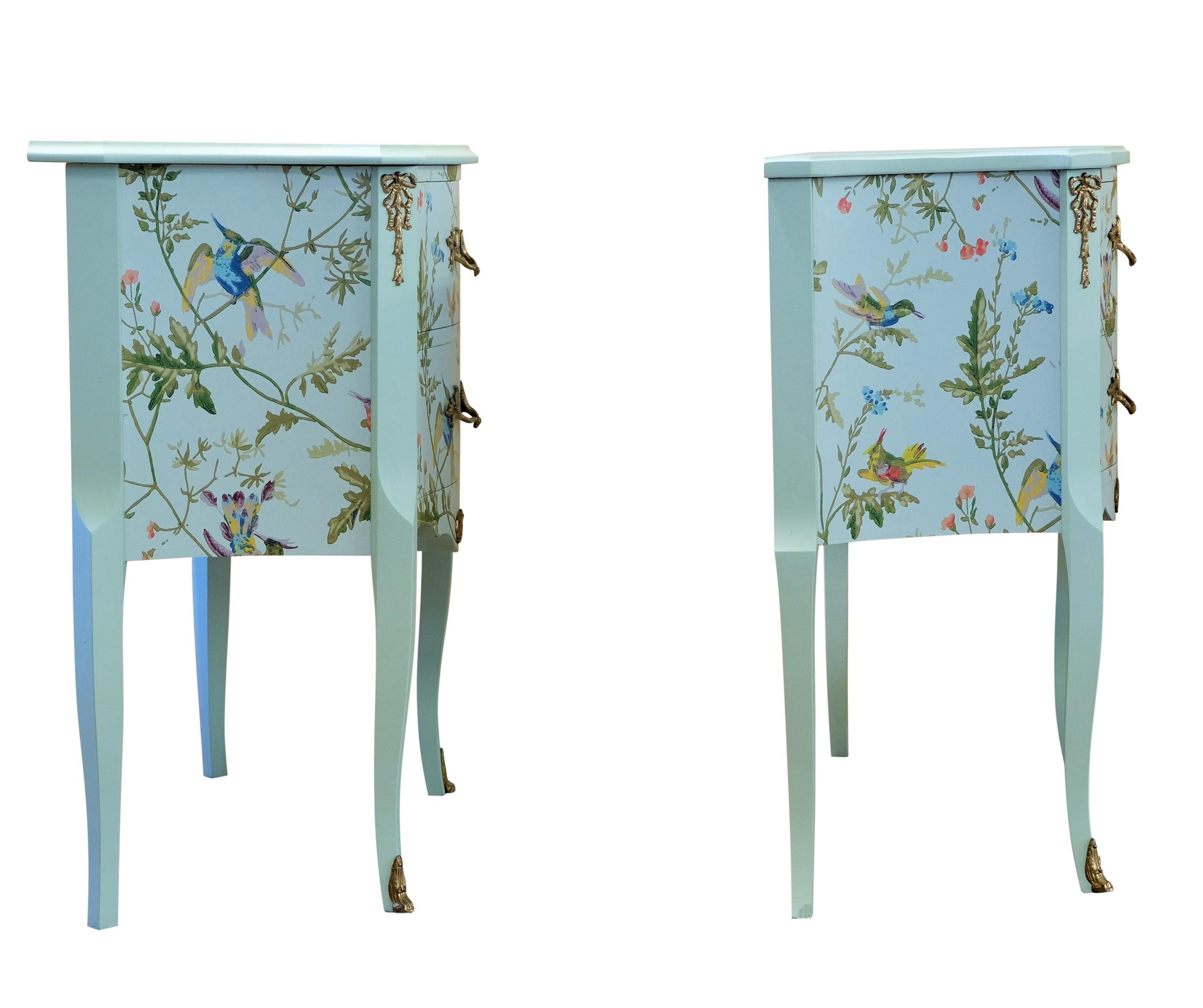 Wood A Pair of Louis XV Style Bedside Tables with Floral Design and Marble Tops For Sale