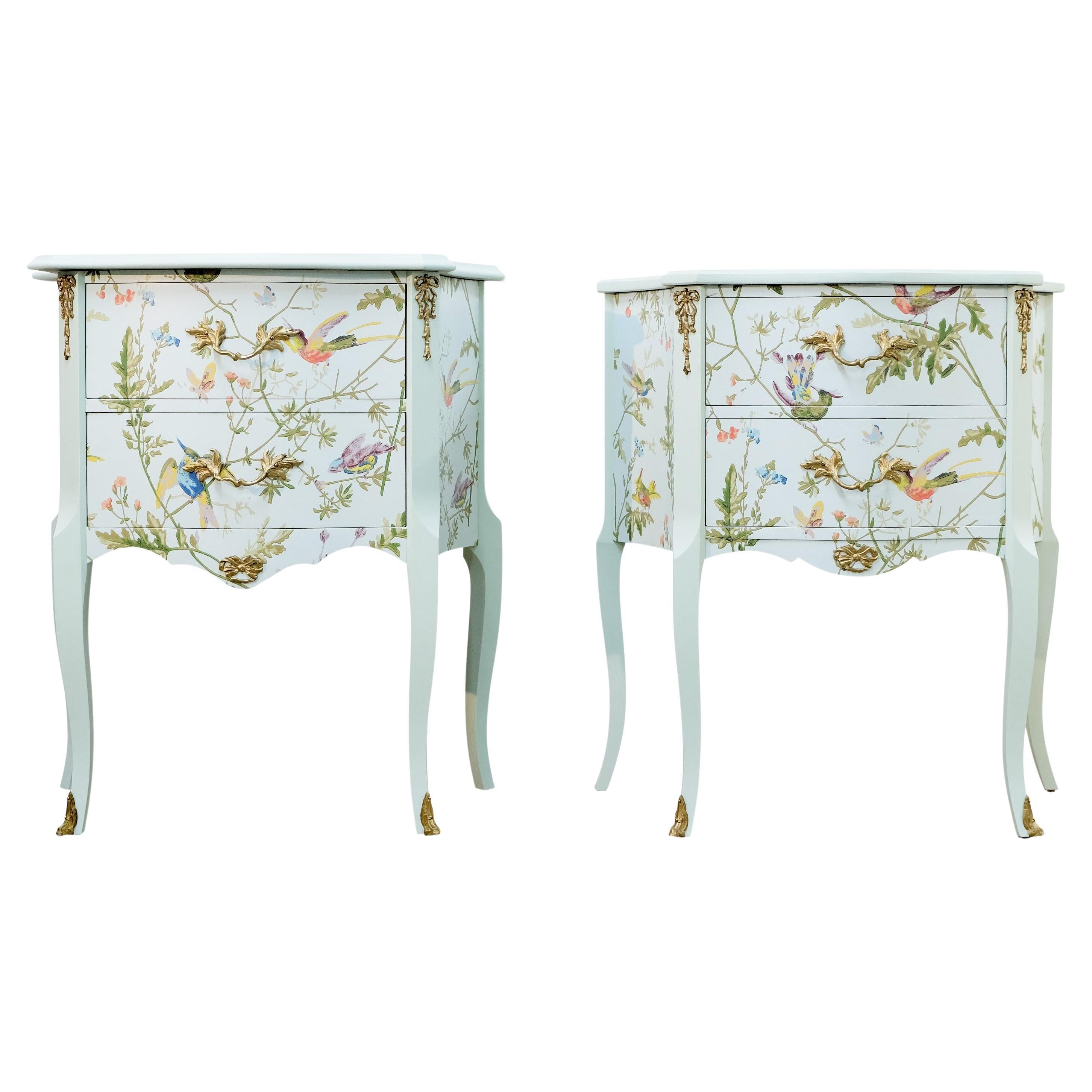 A Pair of Louis XV Style Bedside Tables with Floral Design and Marble Tops For Sale