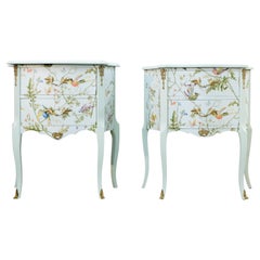 Retro A Pair of Louis XV Style Bedside Tables with Floral Design and Marble Tops