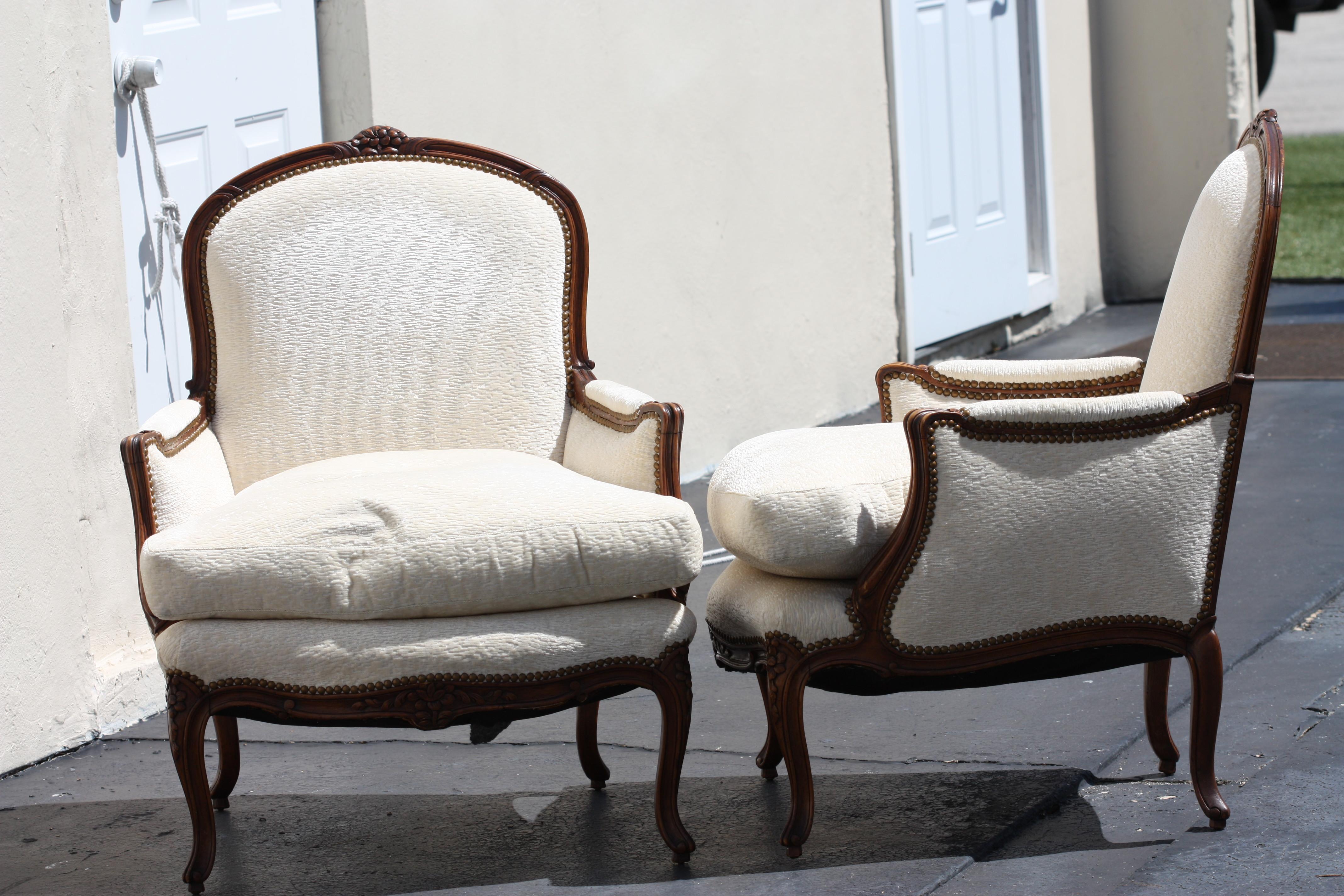 Cotton Pair of Louis XV Style Carved Wood Arm Chairs For Sale