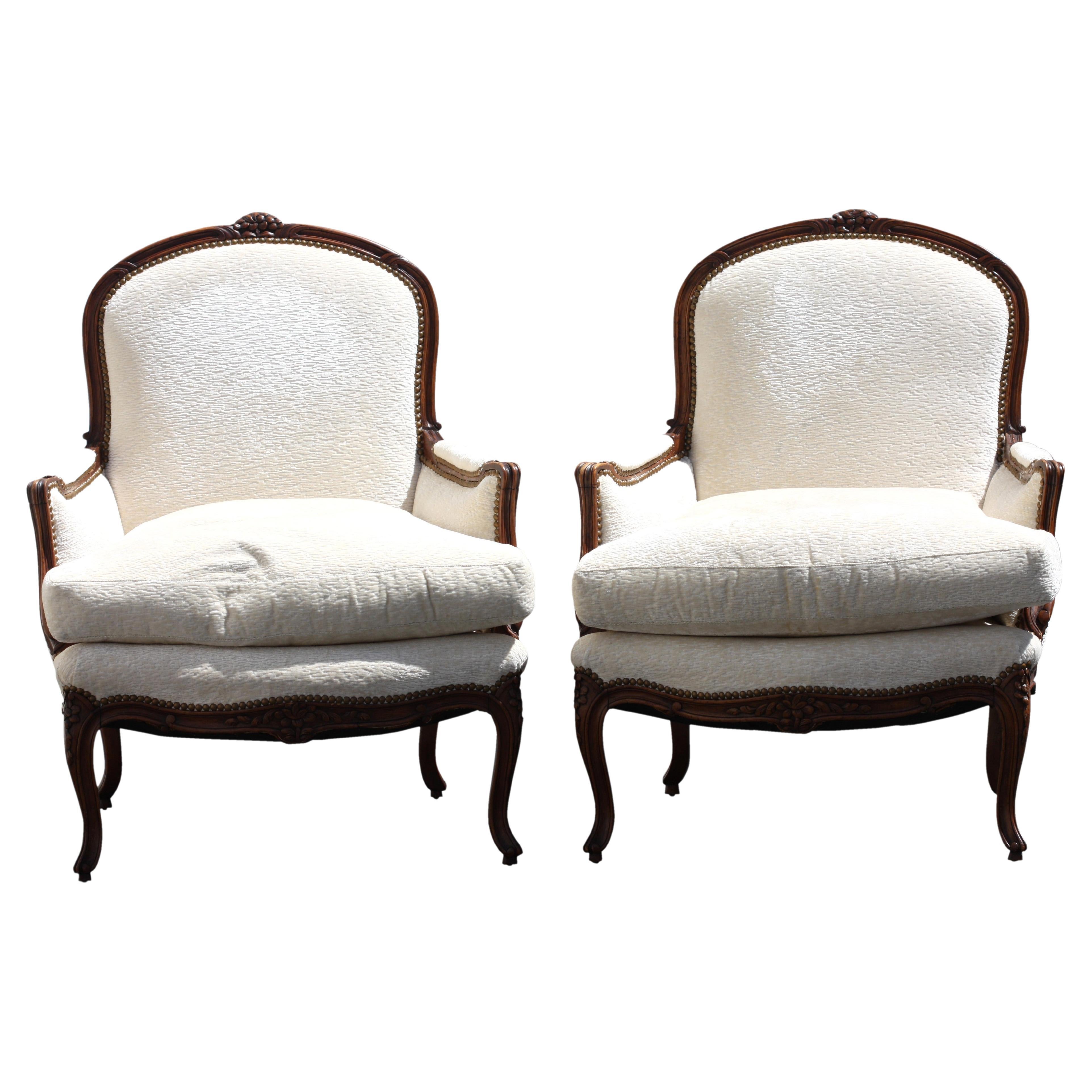 Pair of Louis XV Style Carved Wood Arm Chairs For Sale