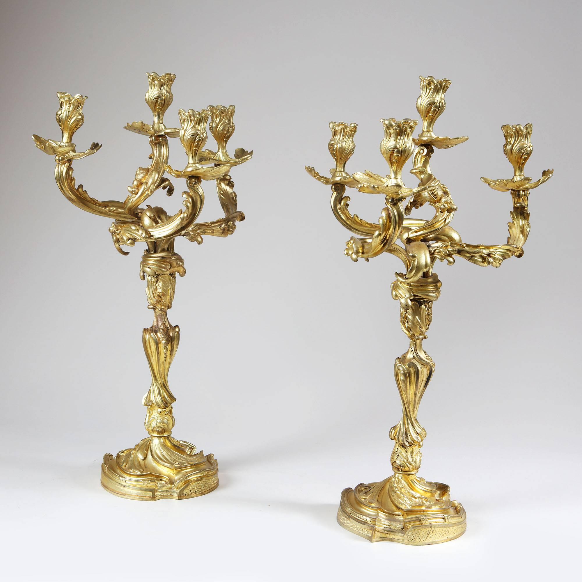 Bronze Pair of Louis XV Style Four-Light Ormolu Candelabra 'Electrified'
