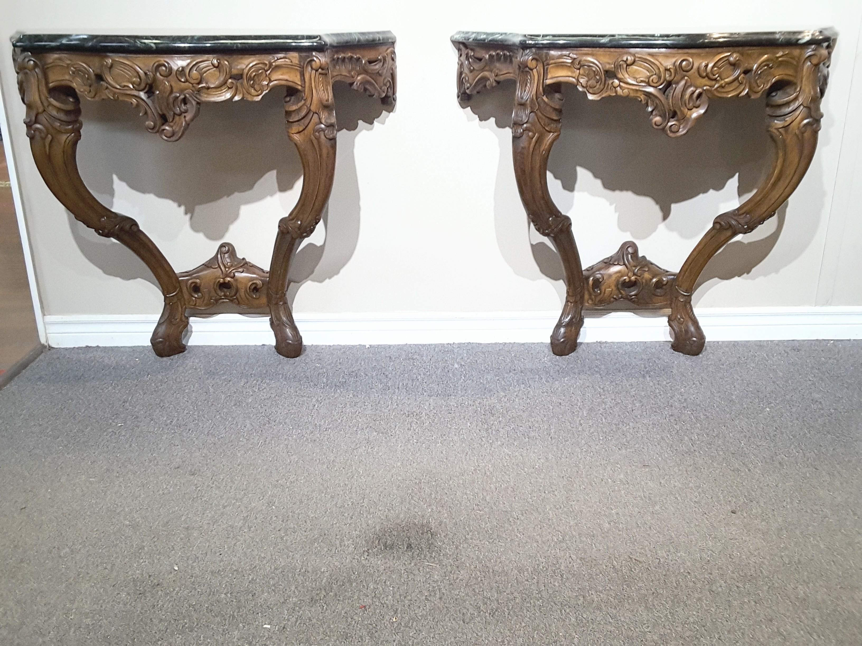 Pair of Louis XV Style Fruitwood Console Tables with Verde Green Marble Tops For Sale 2