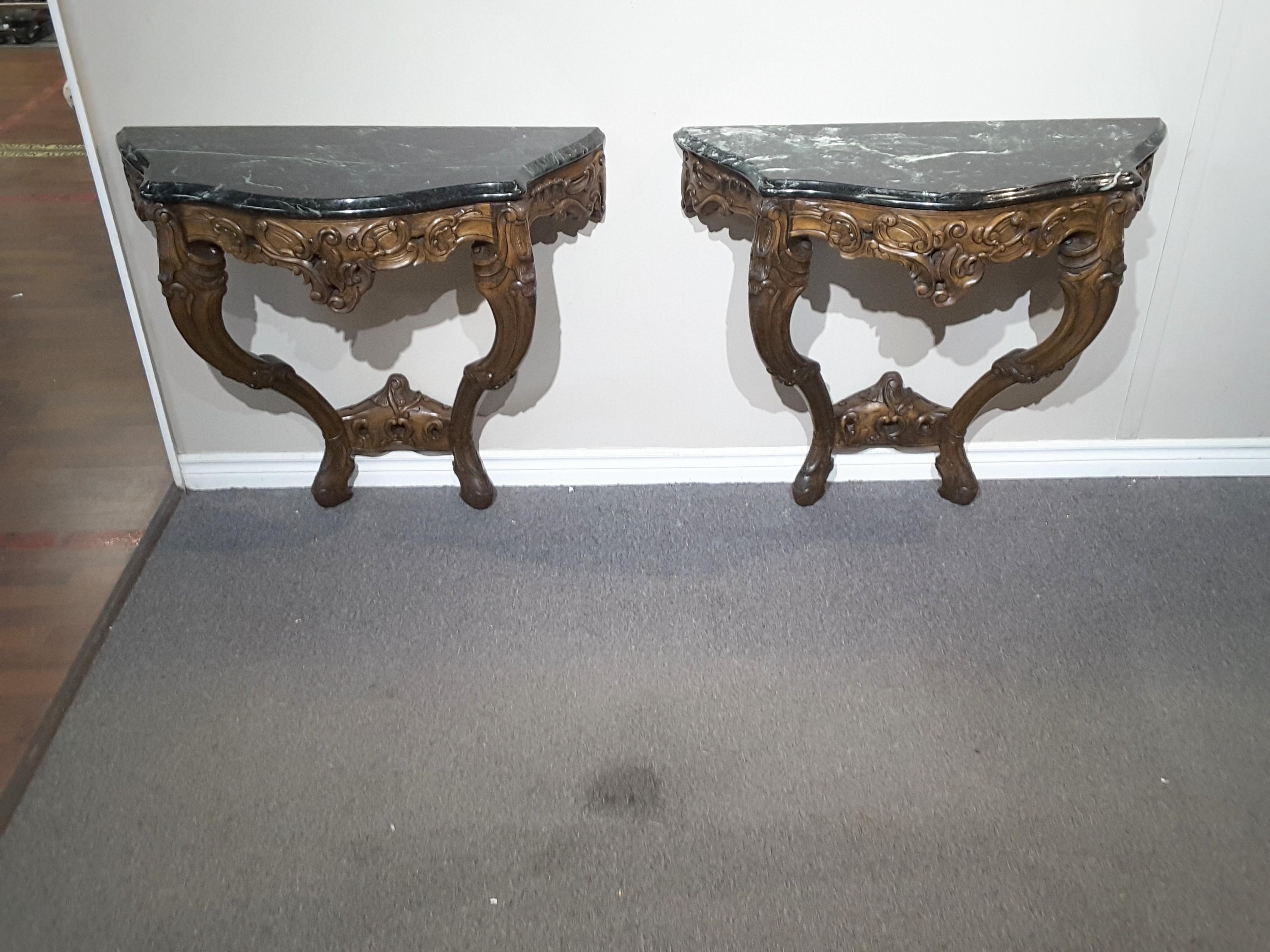 Pair of Louis XV Style Fruitwood Console Tables with Verde Green Marble Tops For Sale 3