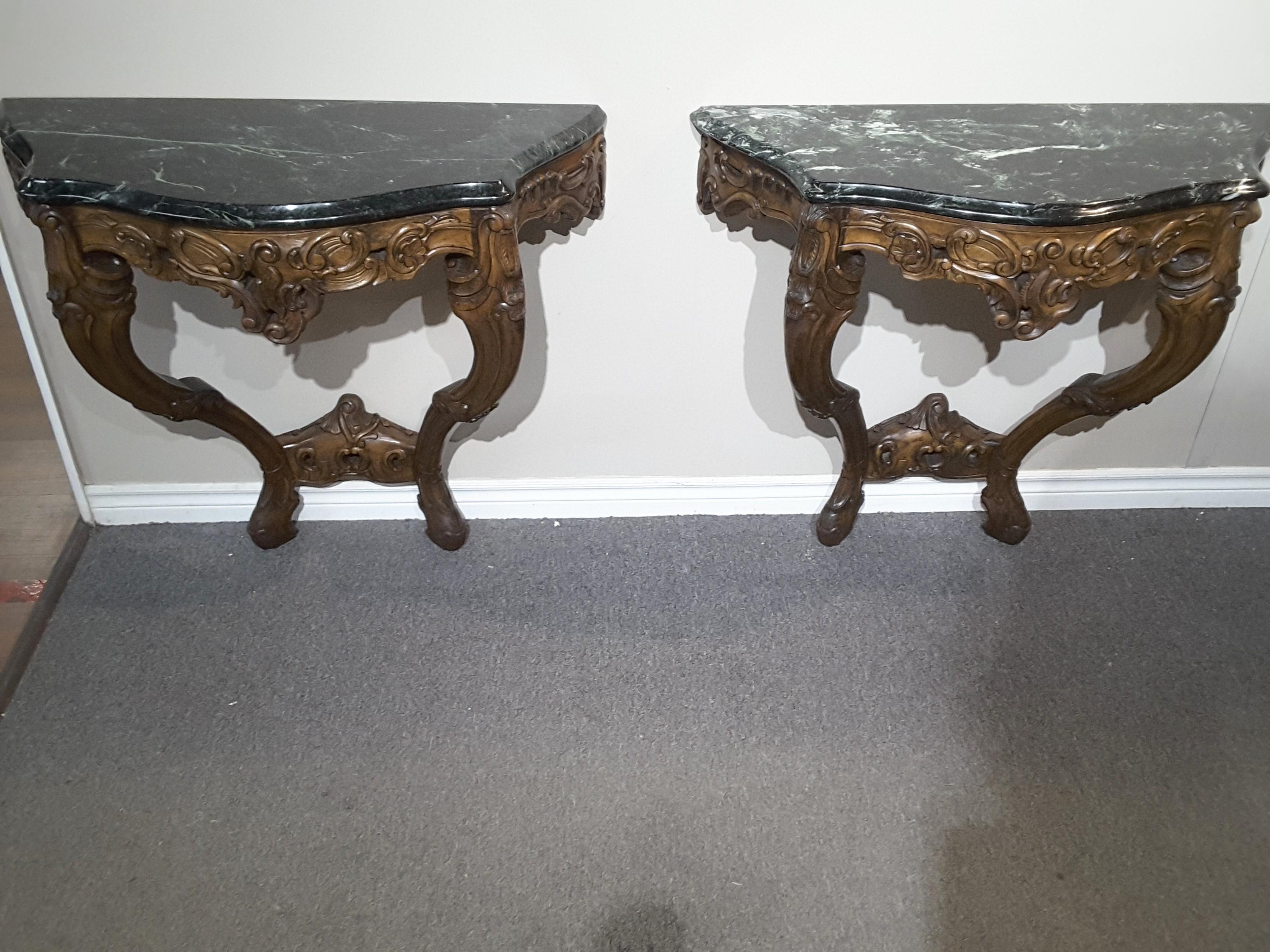 Pair of Louis XV Style Fruitwood Console Tables with Verde Green Marble Tops For Sale 4