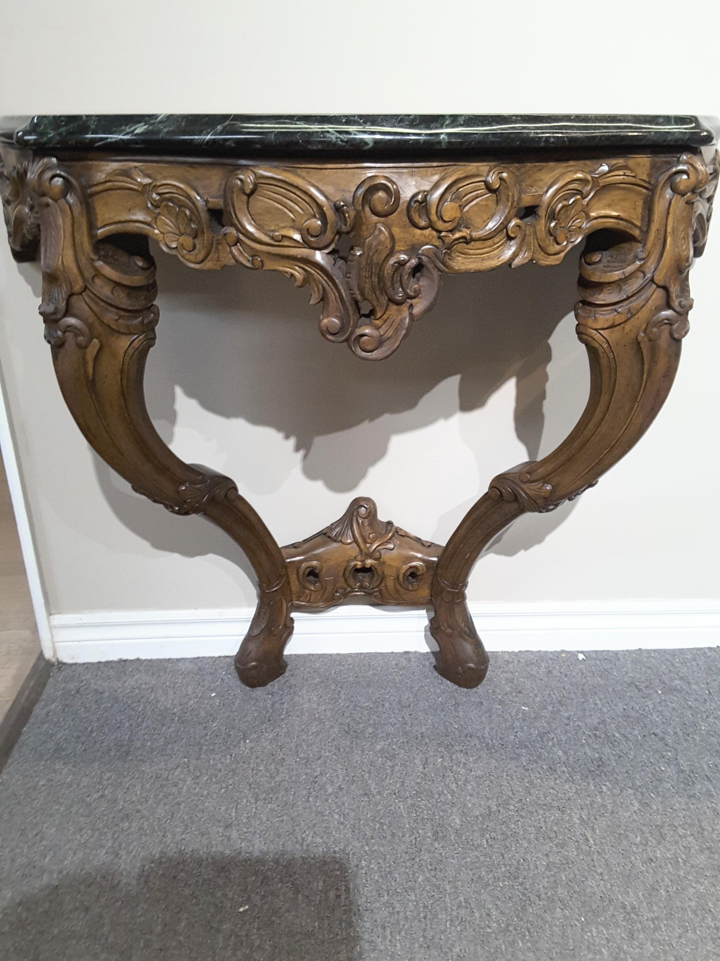 Pair of Louis XV Style Fruitwood Console Tables with Verde Green Marble Tops For Sale 5