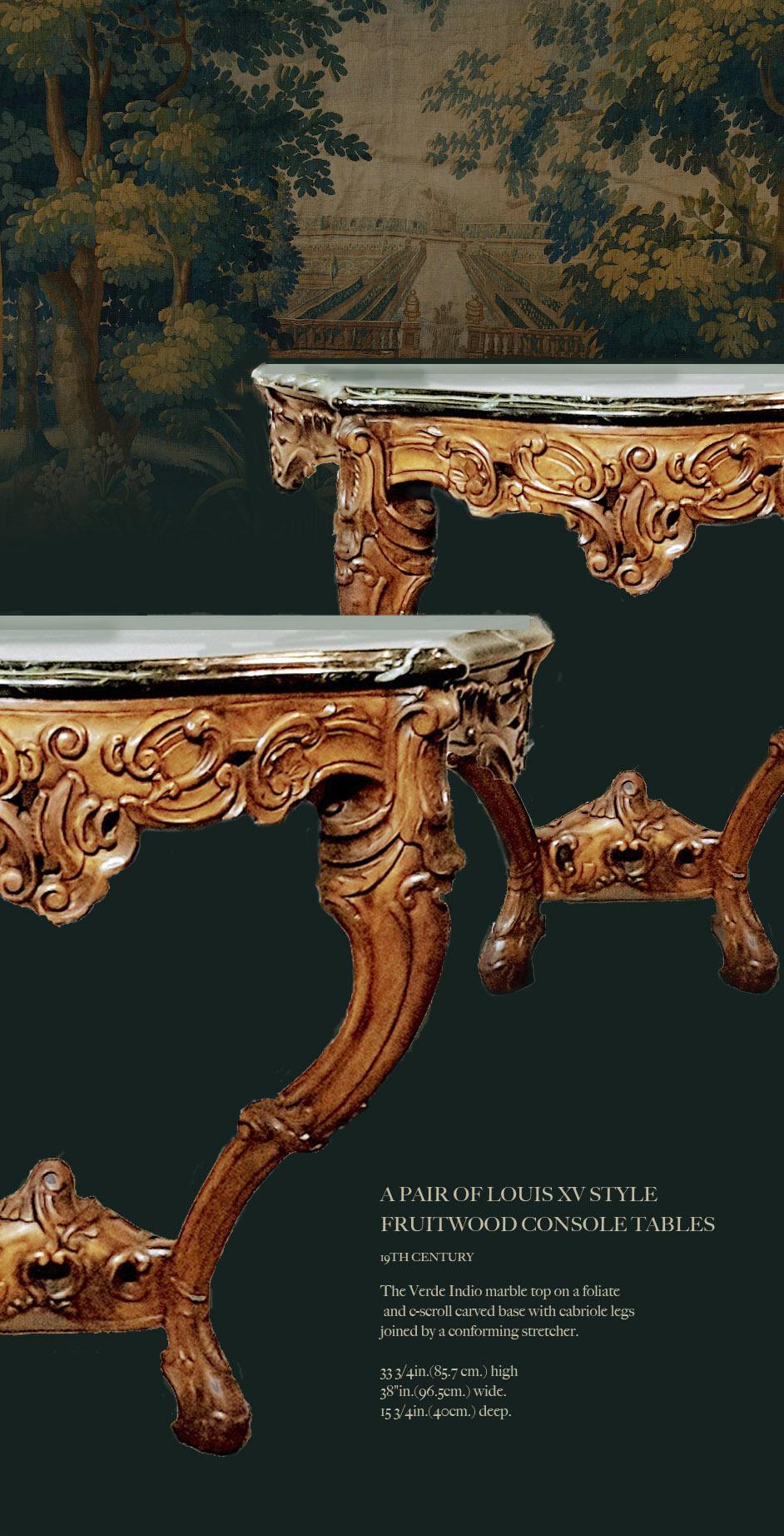 Pair of Louis XV Style Fruitwood Console Tables with Verde Green Marble Tops For Sale 10