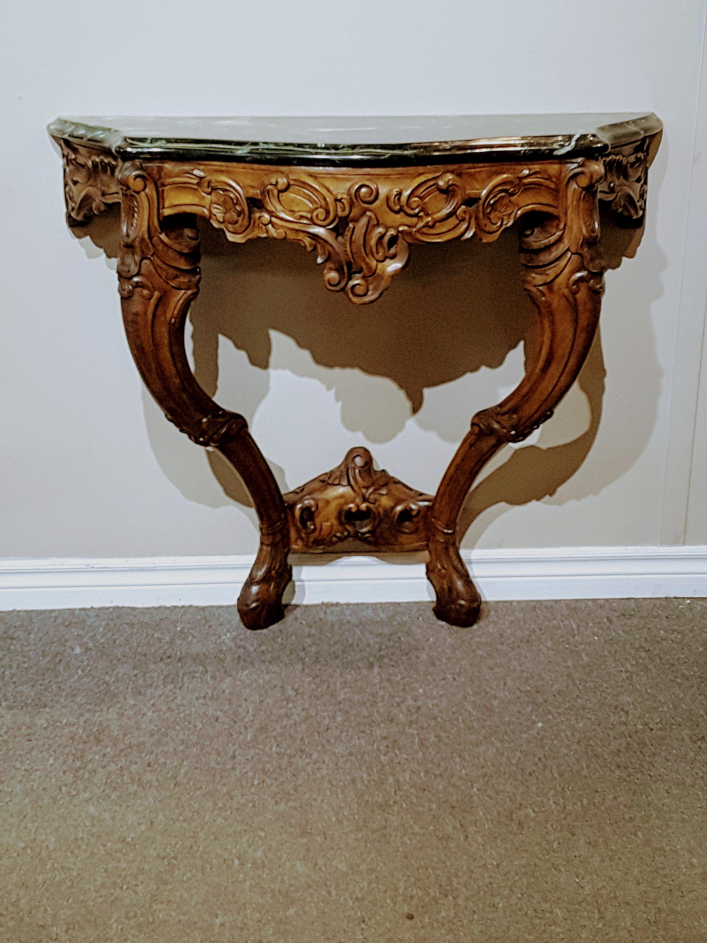 Pair of Louis XV Style Fruitwood Console Tables with Verde Green Marble Tops For Sale 11