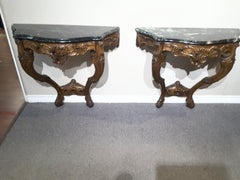 Pair of Louis XV Style Fruitwood Console Tables with Verde Green Marble Tops