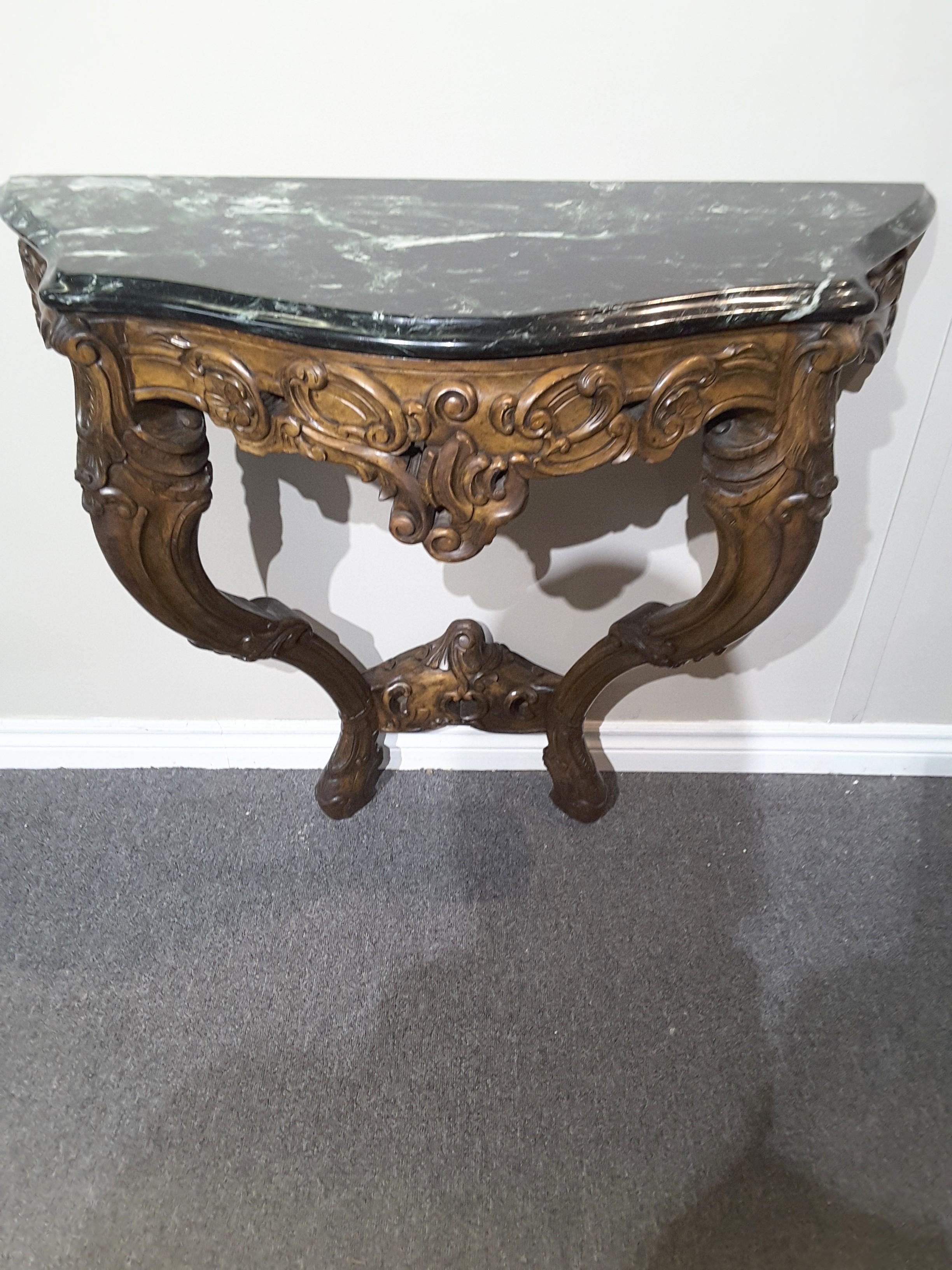 International Style Pair of Louis XV Style Fruitwood Console Tables with Verde Green Marble Tops For Sale